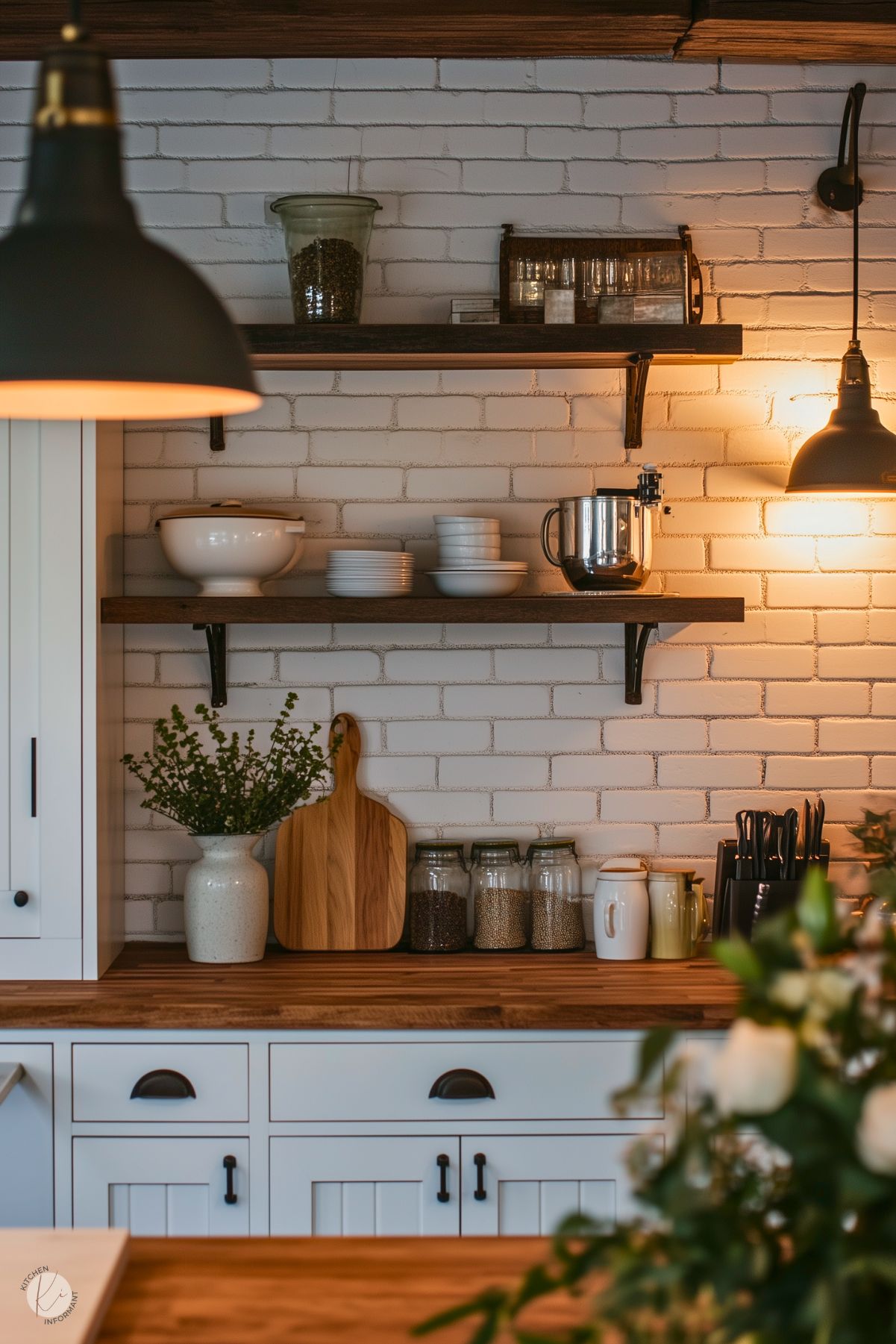 A cozy kitchen scene featuring a white brick backsplash, open wooden shelves with dishes, jars, and decor. The wooden countertop holds a vase with greenery, a cutting board, and glass jars filled with grains. Black industrial-style pendant lights cast a warm glow, complementing the rustic charm of the space. White cabinetry with dark hardware adds a classic touch, while the soft lighting enhances the inviting atmosphere.