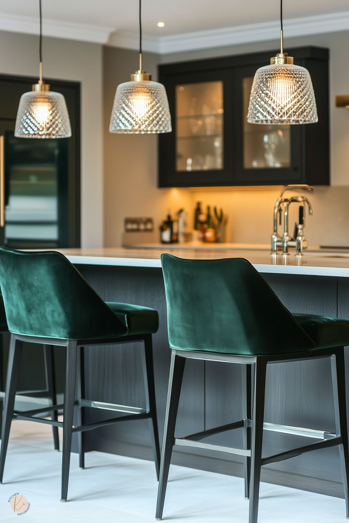 A sleek, modern kitchen with a black island topped with a white countertop, paired with plush green velvet barstools. The space features three glass pendant lights with brass accents, casting a warm glow. Behind the island, dark cabinetry with glass-paneled upper cabinets is softly lit with under-cabinet lighting, creating an elegant and inviting atmosphere. A polished chrome faucet adds a touch of sophistication.