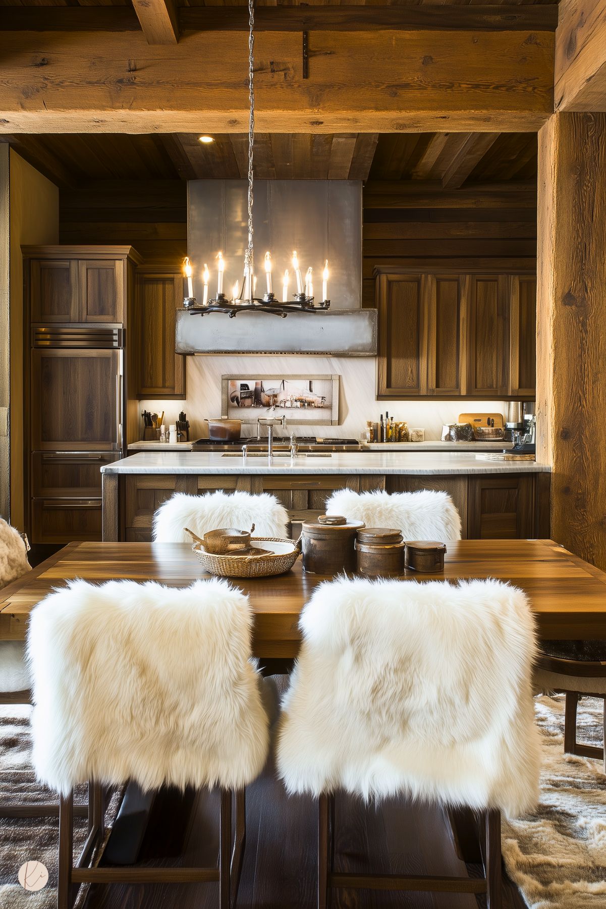 A rustic, cabin-style kitchen with warm wooden cabinetry and exposed beams. The center features a dining table surrounded by chairs draped with soft white faux fur throws, adding a cozy touch. A large island with a marble countertop is paired with a striking metallic range hood. Overhead, a wrought iron chandelier with exposed candle-style bulbs provides ambient lighting. The space is accented with wooden decor pieces and a neutral stone backsplash.