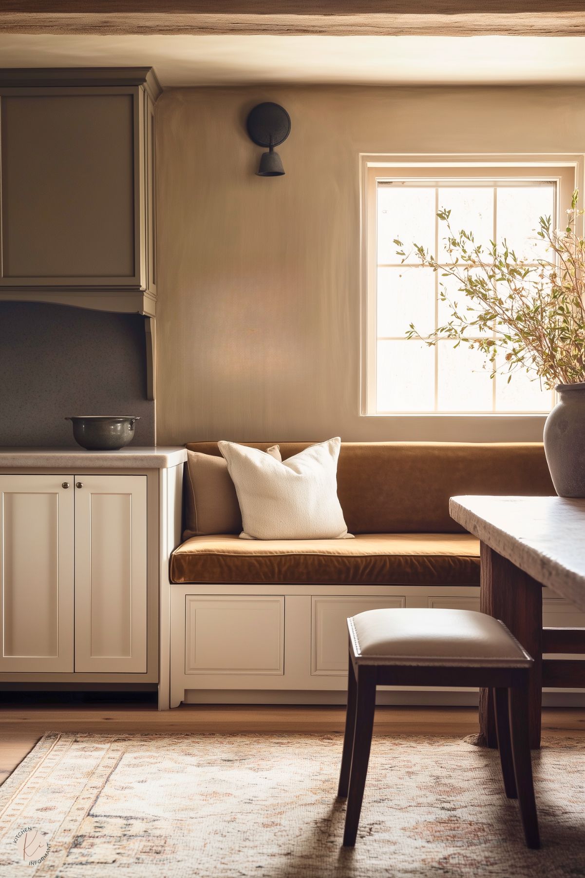 A warm and inviting kitchen nook with a built-in bench seat upholstered in soft brown velvet, paired with neutral throw pillows. The surrounding cabinetry is painted in a soft beige tone, complementing the light, textured walls. A window allows natural light to fill the space, highlighting a rustic dining table and a small upholstered stool. A simple black wall sconce and a vase with branches add understated charm to the serene atmosphere.