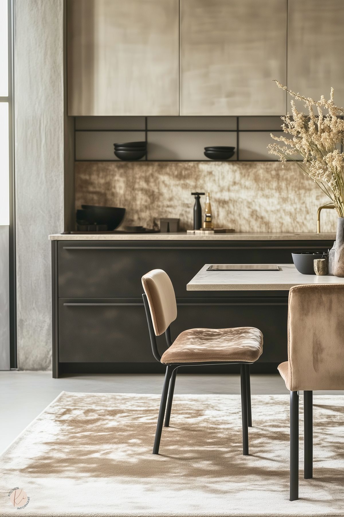 A sleek, modern kitchen with matte black cabinetry and a textured beige backsplash. The minimalist design features a built-in countertop and subtle shelving holding black bowls. A light tan chair with a black metal frame complements the neutral tones, while a matching table is accented by dried floral arrangements in muted vases. Soft sunlight filters through the space, creating dappled patterns on a plush beige rug, enhancing the serene ambiance.