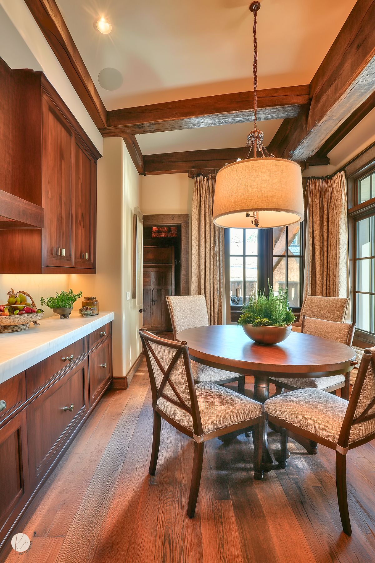 A warm and inviting dining nook with rich wooden cabinetry and exposed ceiling beams. The space features a round wooden table surrounded by upholstered chairs with crisscross backs, centered under a large fabric drum pendant light. Tall windows with patterned curtains bring in natural light, while a bowl of fresh greenery serves as a centerpiece. The adjacent countertop holds a fruit basket and small plants, enhancing the cozy and natural atmosphere.