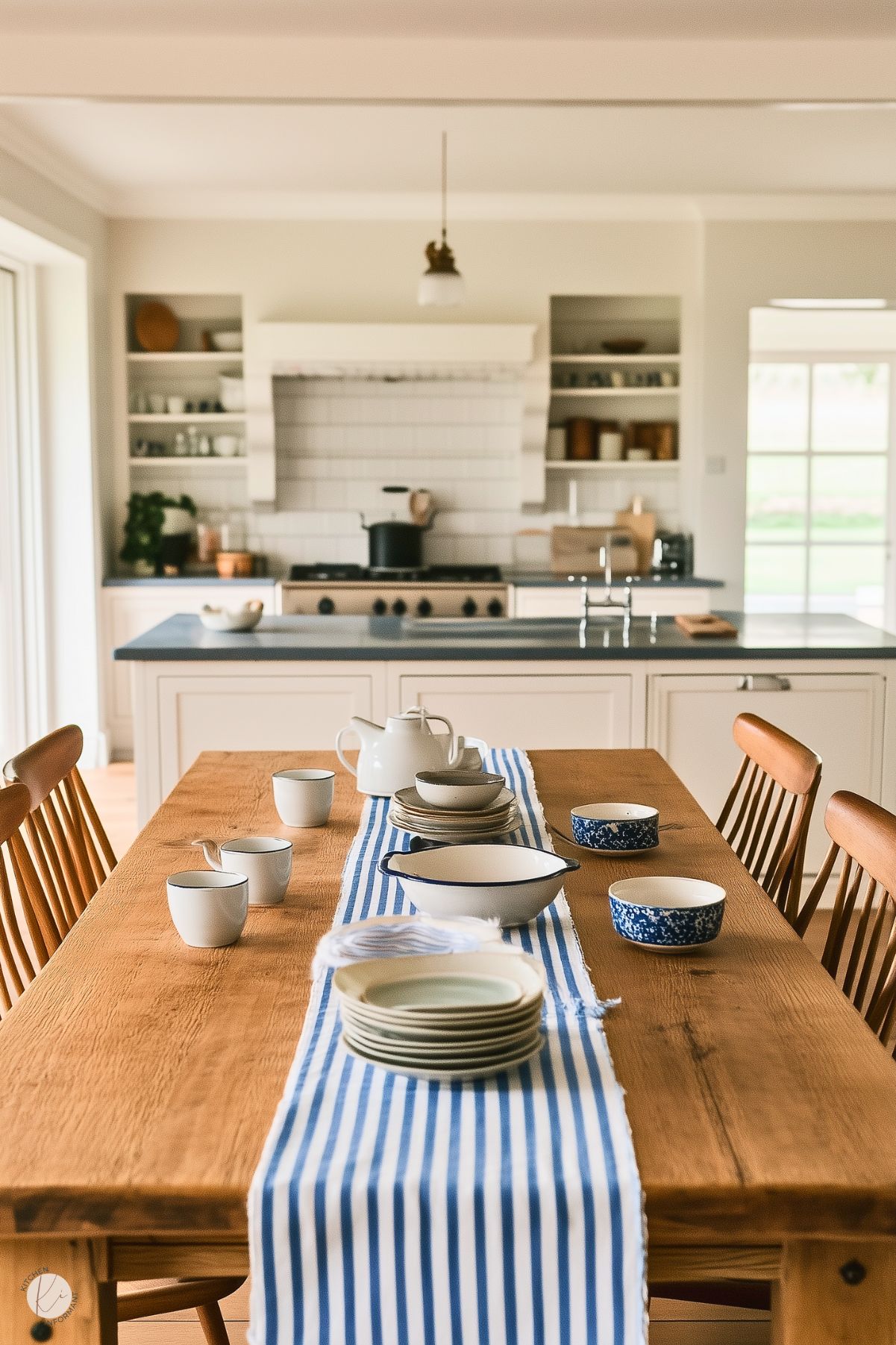 A bright and airy farmhouse kitchen with a long wooden dining table adorned with a blue-and-white striped table runner. The table is set with simple white and blue dishes, creating a casual yet charming feel. In the background, a spacious kitchen features white cabinetry, open shelving, a white subway tile backsplash, and a large range. Natural light streams in through wide windows, enhancing the clean and inviting atmosphere.