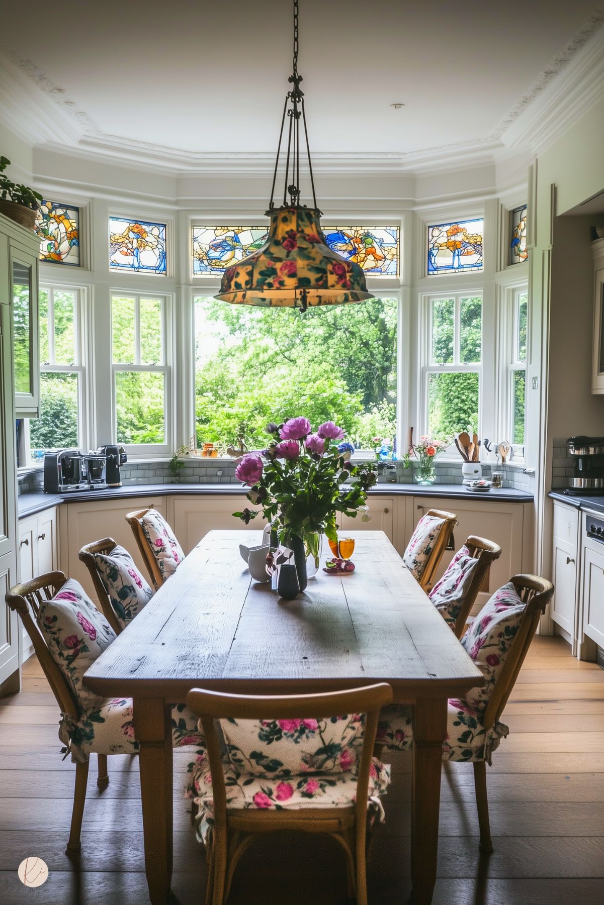 A bright and cheerful kitchen with a rustic wooden dining table surrounded by chairs adorned with floral-patterned cushions. The room is illuminated by natural light streaming through large bay windows, accented with colorful stained glass panels. A floral-themed pendant light hangs above the table, complementing the vibrant decor. The backdrop features white cabinetry and a wraparound countertop, with lush greenery visible through the windows.