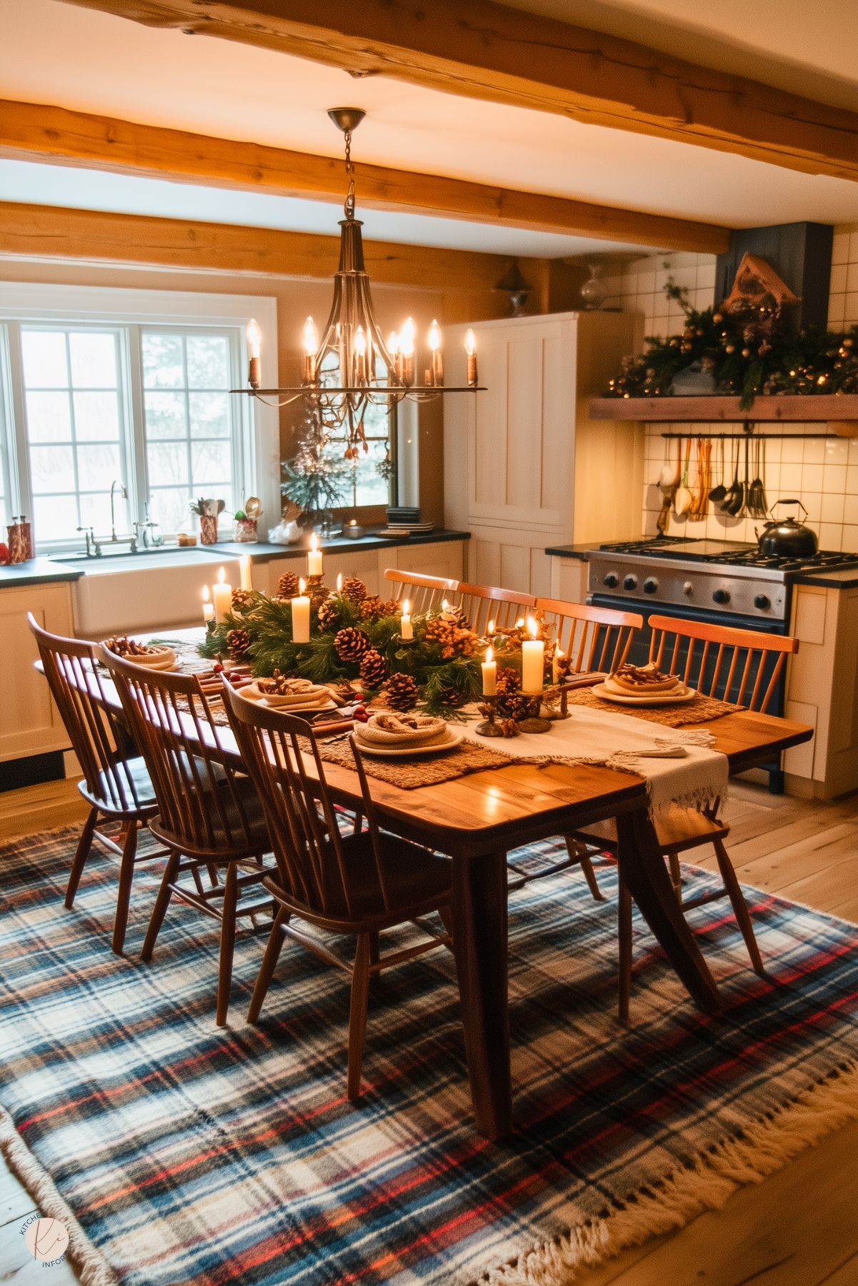 A warm and festive dining area with a wooden table set for a holiday gathering. The table features a centerpiece of pinecones, greenery, and lit candles, creating a cozy, seasonal ambiance. Wooden spindle-back chairs surround the table, which sits on a plaid rug that enhances the rustic charm. Exposed wooden beams and a wrought-iron chandelier add character, while a decorated range hood and holiday touches complete the inviting kitchen scene.