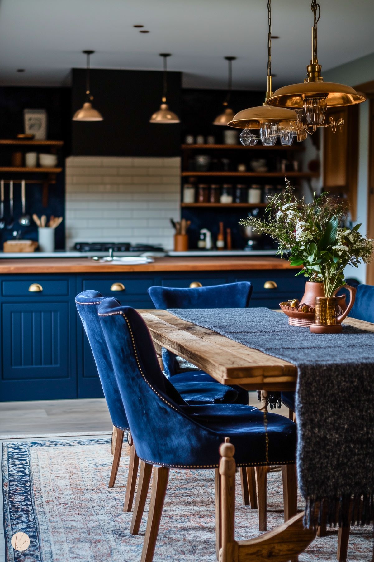 A stylish kitchen and dining space featuring a rustic wooden table with a dark textured runner and a centerpiece of fresh flowers in a terracotta pitcher. The table is surrounded by luxurious navy blue velvet chairs with studded detailing. In the background, deep navy cabinetry with brass hardware is complemented by open wooden shelving and a white subway tile backsplash. Brass pendant lights add warmth, while a patterned rug ties the space together beautifully.