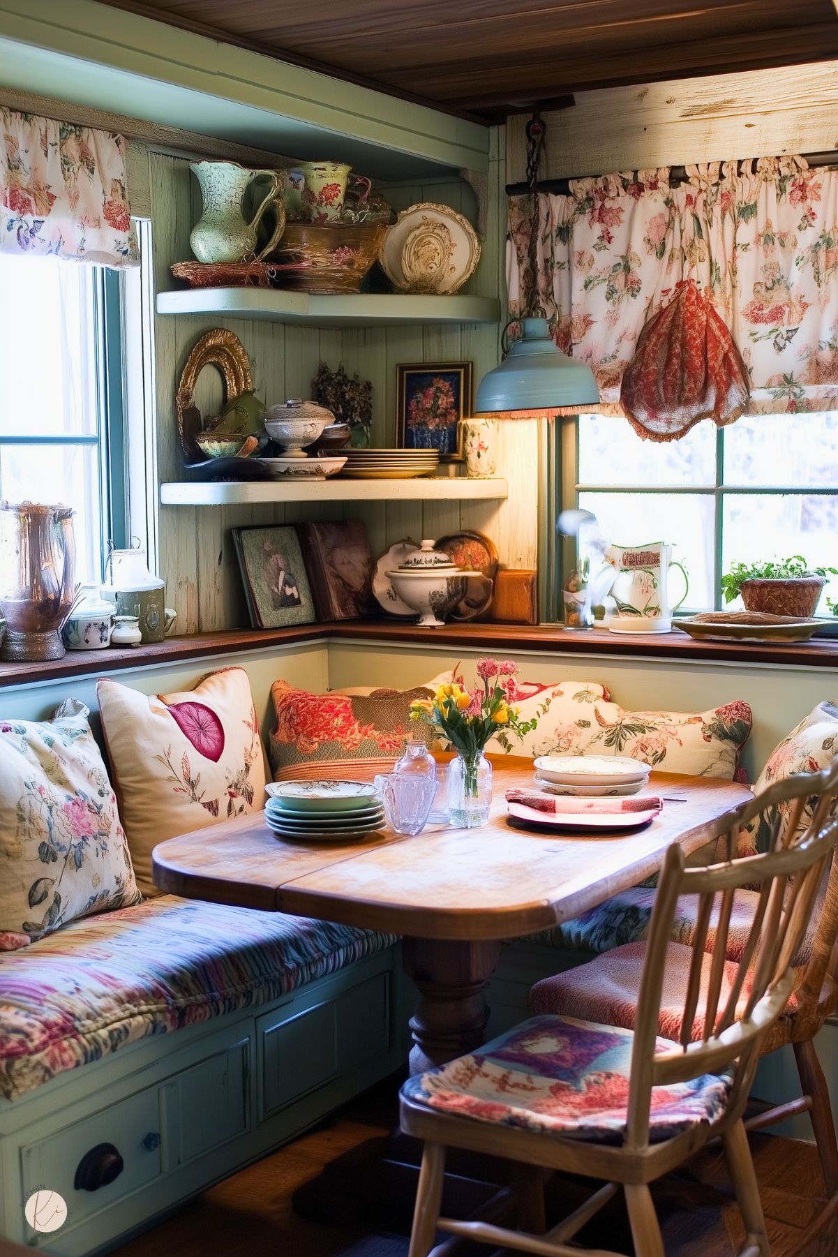 A quaint and cozy kitchen nook with a built-in bench upholstered in floral cushions and paired with a wooden table. The space is filled with vintage charm, featuring open shelves displaying an assortment of antique dishes, pitchers, and decorative pieces. Floral curtains add a soft, feminine touch, and a pastel green pendant light hangs above. Fresh flowers and plates set on the table complete the warm, inviting atmosphere.