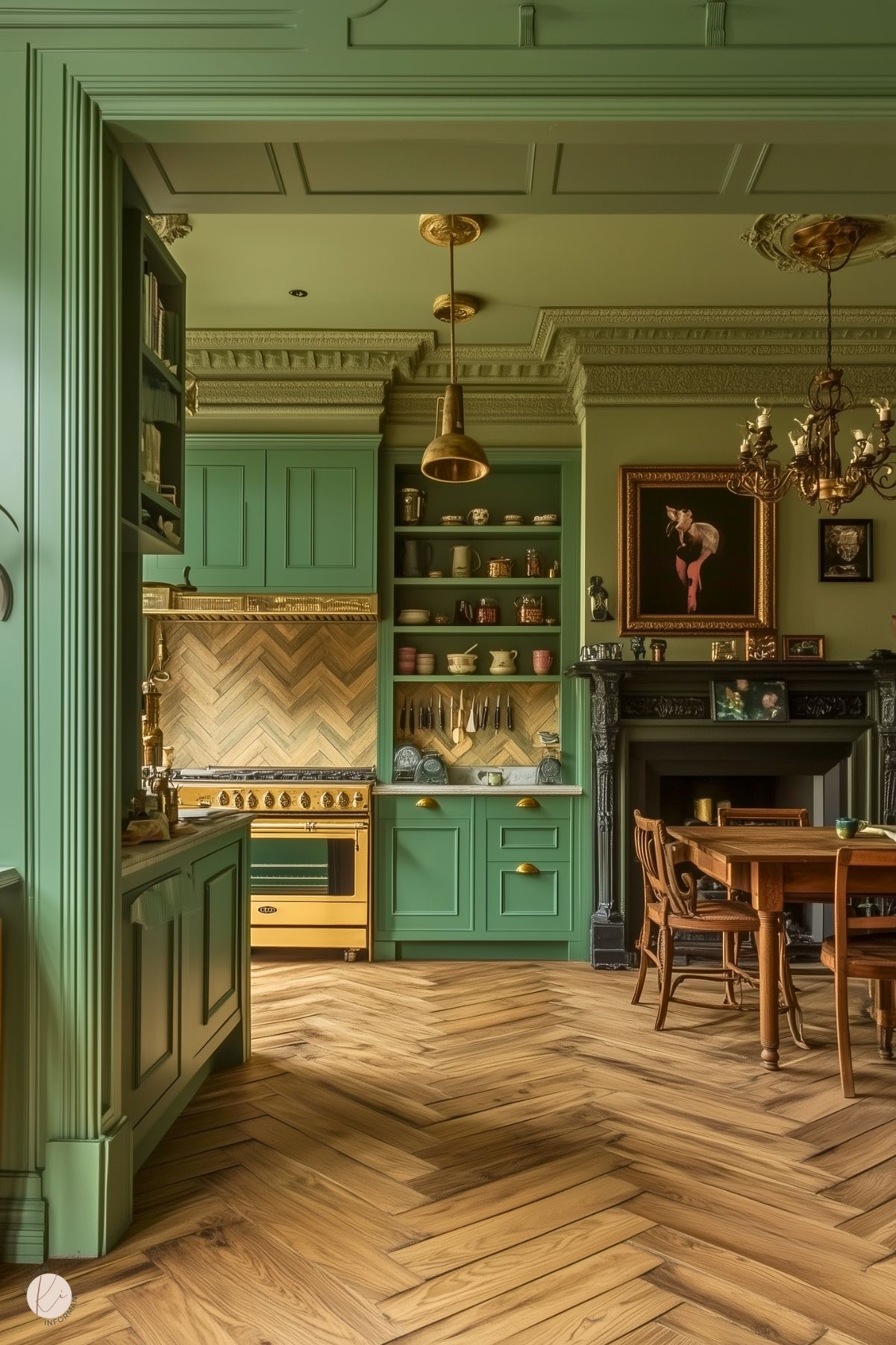 A luxurious kitchen with green cabinetry, a gold range and matching hood, and a herringbone wood backsplash. The space features intricate crown molding, a decorative black fireplace, and a wooden dining table with vintage chairs. Gold accents, including pendant lights, complement the elegant decor, while open shelving displays ceramics. The chevron-patterned wood flooring adds warmth and texture.