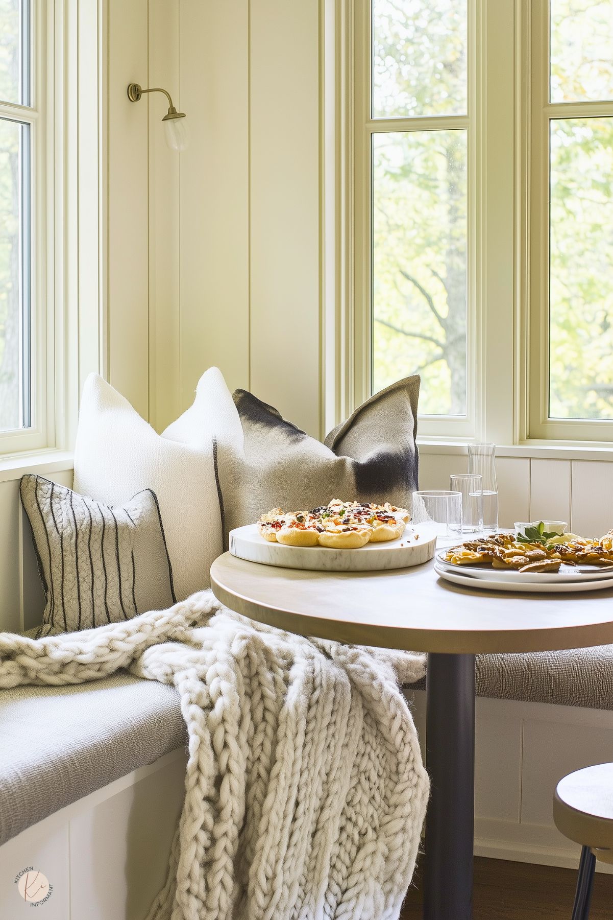 A bright and cozy breakfast nook with a built-in bench seat, decorated with soft white and gray pillows and a chunky knit blanket. A small round table holds a marble tray with mini tarts and a plate of pastries. The cream-colored walls and large windows let in natural light, offering a serene view of greenery outside. A brass wall sconce adds a touch of warmth to the space.