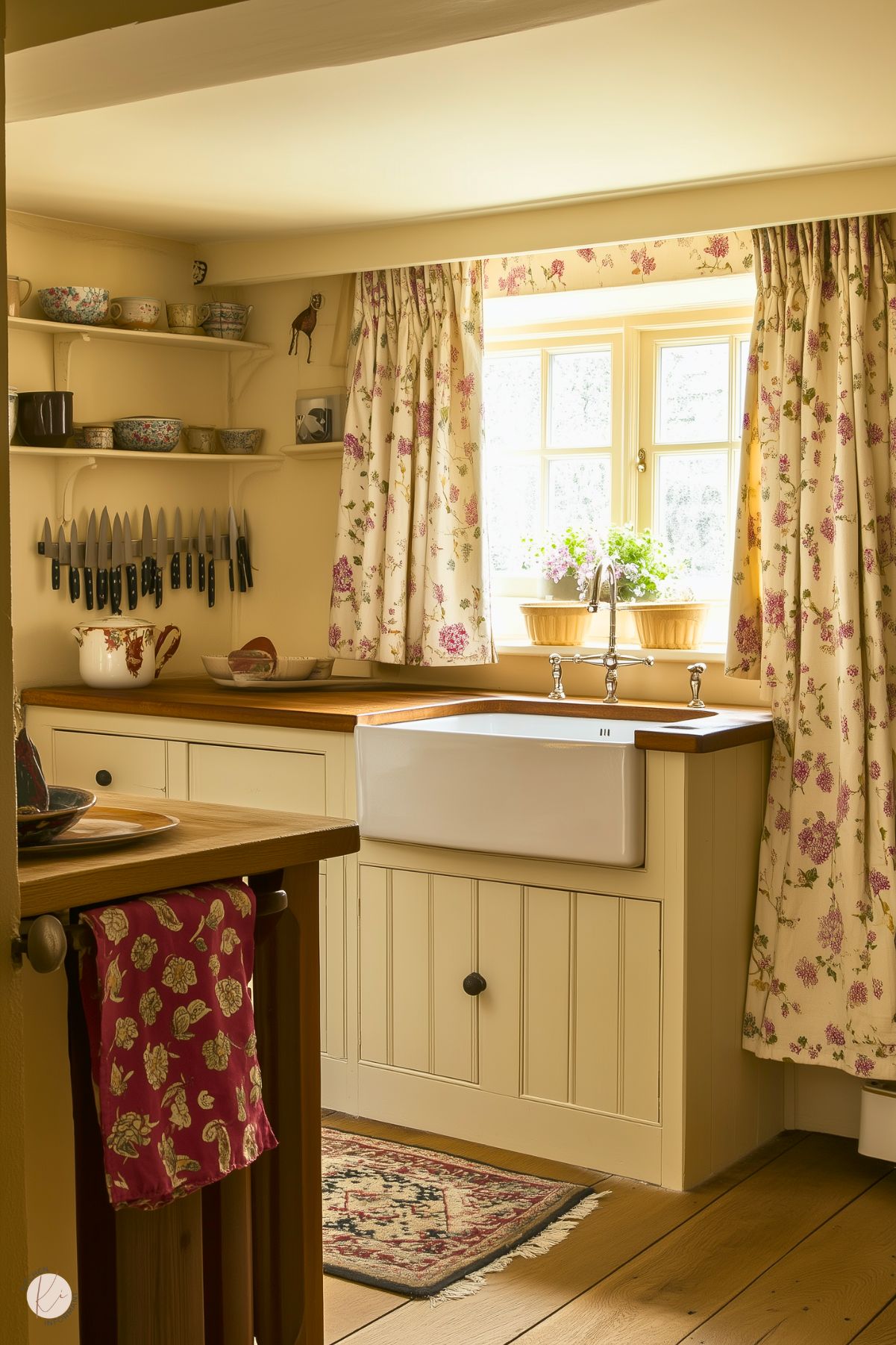 A charming cottage-style kitchen with cream cabinetry and a farmhouse sink framed by a wooden countertop. Floral curtains with pink and green accents hang around a window, letting in natural light. Open shelves display floral-patterned dishes and mugs, while a knife rack adds functionality. A small rug and wooden island with a patterned red tea towel complete the cozy, vintage-inspired design.