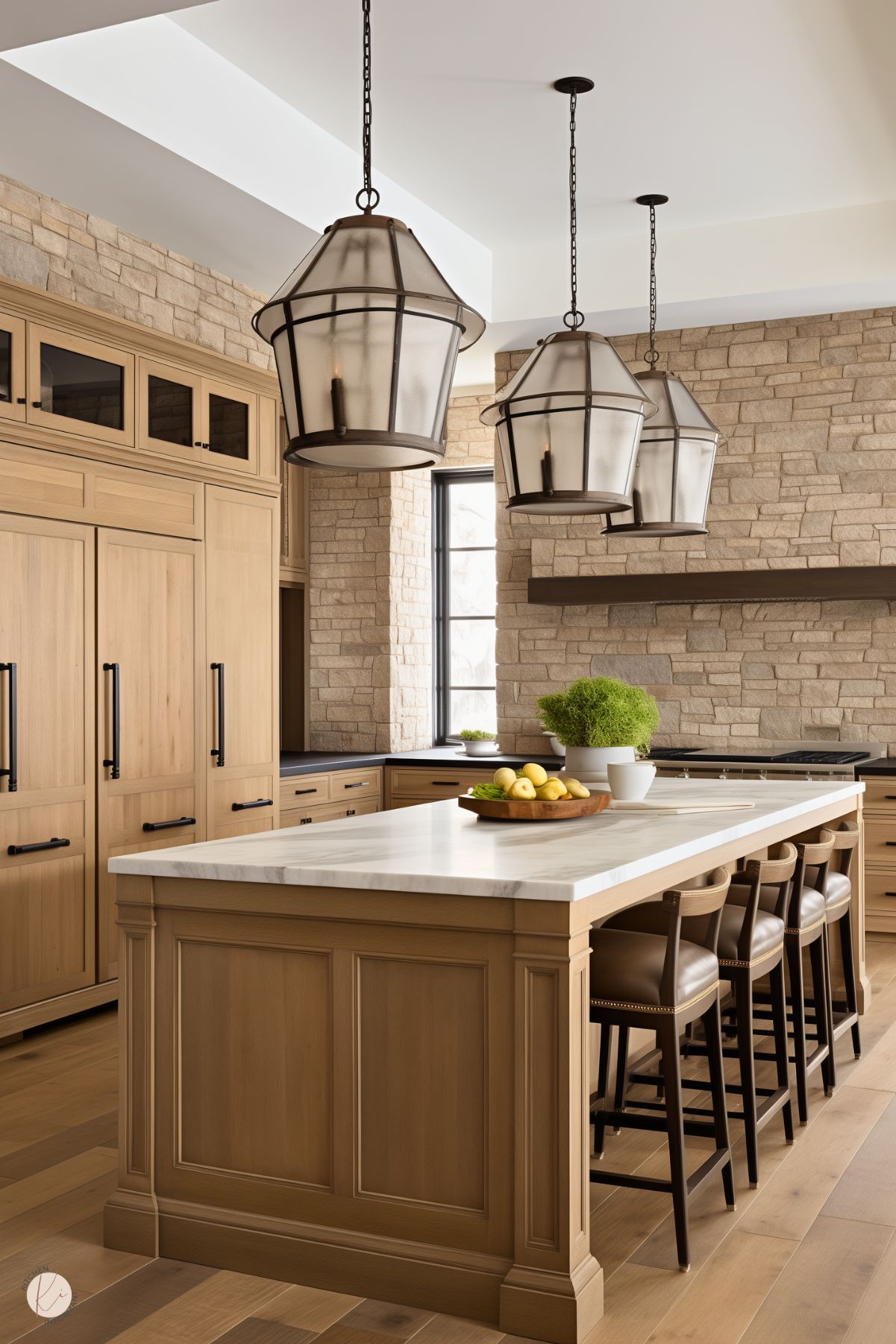 A kitchen with white oak cabinetry and a central island featuring a white marble countertop. The island includes four leather bar stools with nailhead detailing. Large lantern-style pendant lights hang above the island. The walls are clad in light beige stone, complementing the light wood flooring. A bowl of lemons and a green plant add simple decor.