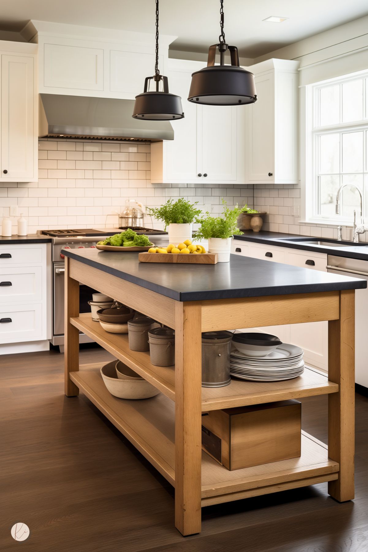 A cozy kitchen with white shaker cabinetry, a subway tile backsplash, and a stainless steel range hood. The centerpiece is a light wood island with a dark countertop and open shelving, holding rustic cookware and dishes. Fresh greens and lemons adorn the countertop, along with small potted plants. Industrial-style black pendant lights hang above, and natural light streams through a large window, highlighting the warm wood floors.