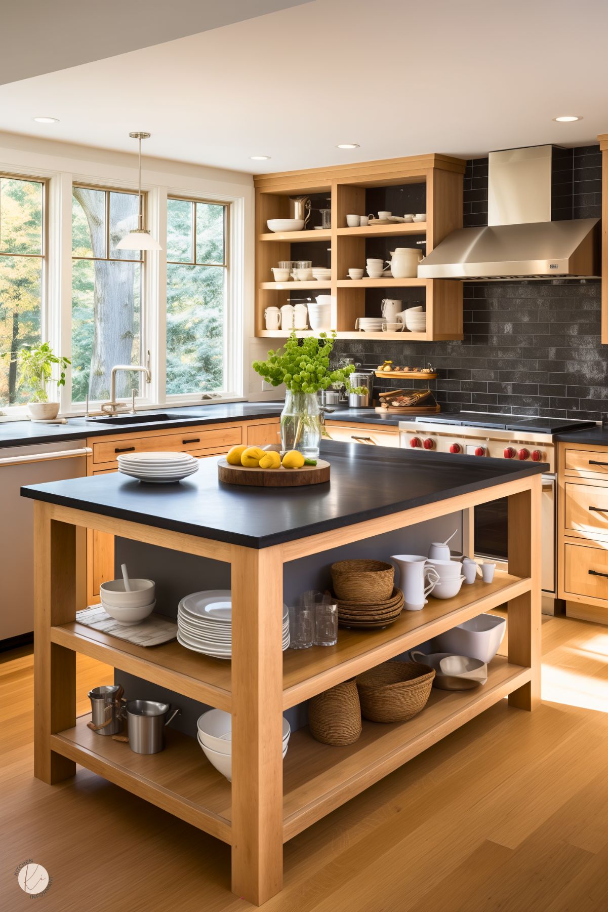 A bright kitchen with light wood cabinetry and an island featuring a dark countertop and open shelving, holding white dishware and woven baskets. The backsplash is a glossy black tile, complemented by a stainless steel range hood and appliances. Open shelving displays neatly arranged dishes, while the counter is decorated with greenery and a bowl of lemons. Large windows provide ample natural light and a view of the outdoors, creating a fresh and inviting atmosphere.