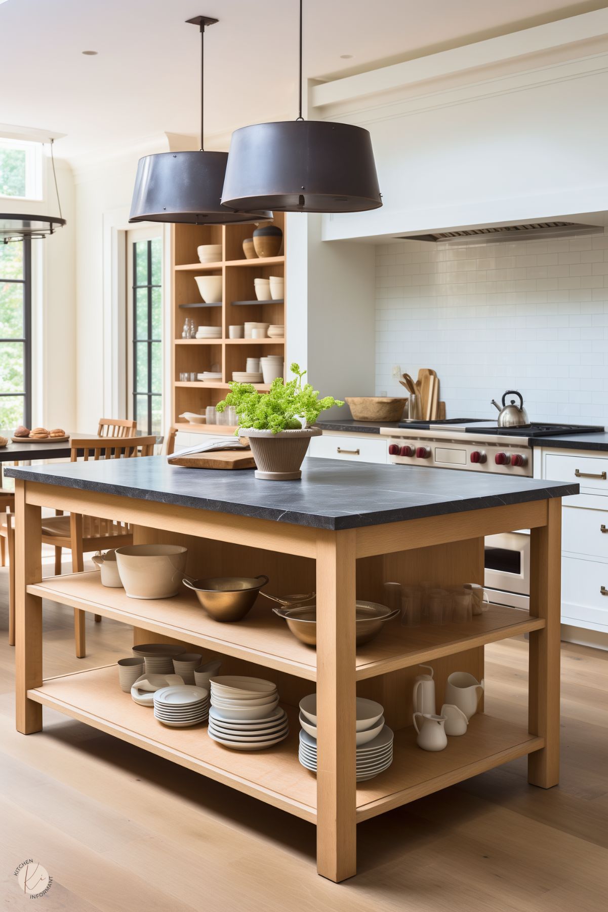 A bright kitchen with a central light wood island featuring a dark stone countertop and open shelving stocked with white and gold dishware. Large black pendant lights hang above the island, adding a modern touch. The white cabinetry and subway tile backsplash create a clean and airy atmosphere. A built-in shelf holds additional dishes, while natural light streams through tall black-framed windows. Wooden furniture and green accents add warmth to the space.