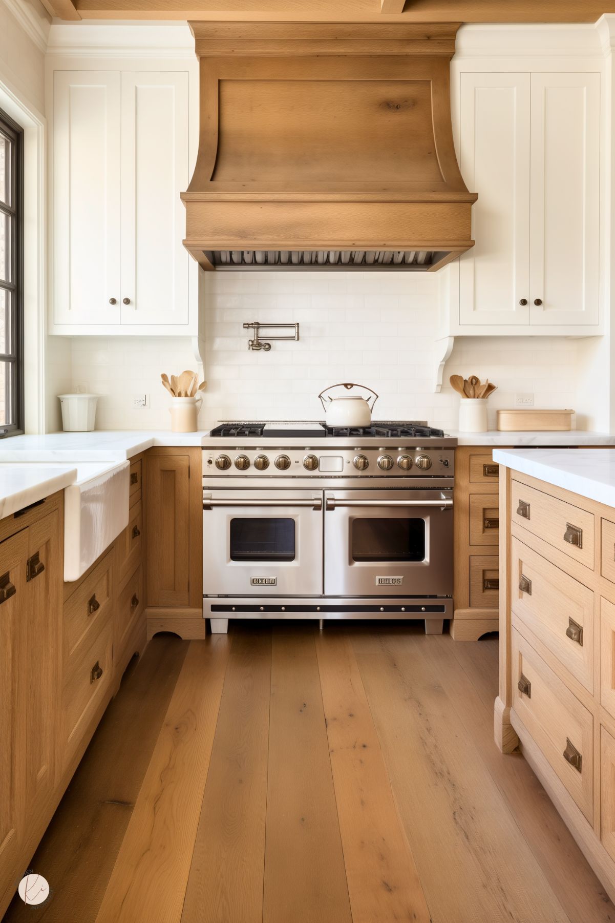 A charming kitchen featuring white oak cabinetry with brass hardware, a farmhouse sink, and white shaker-style upper cabinets. The centerpiece is a large stainless steel range with brass knobs, crowned by a custom wood range hood. A white subway tile backsplash complements the clean and warm aesthetic. Light wood flooring adds a cohesive and natural touch, while small decor items like wooden utensils and a kettle provide a homey feel.