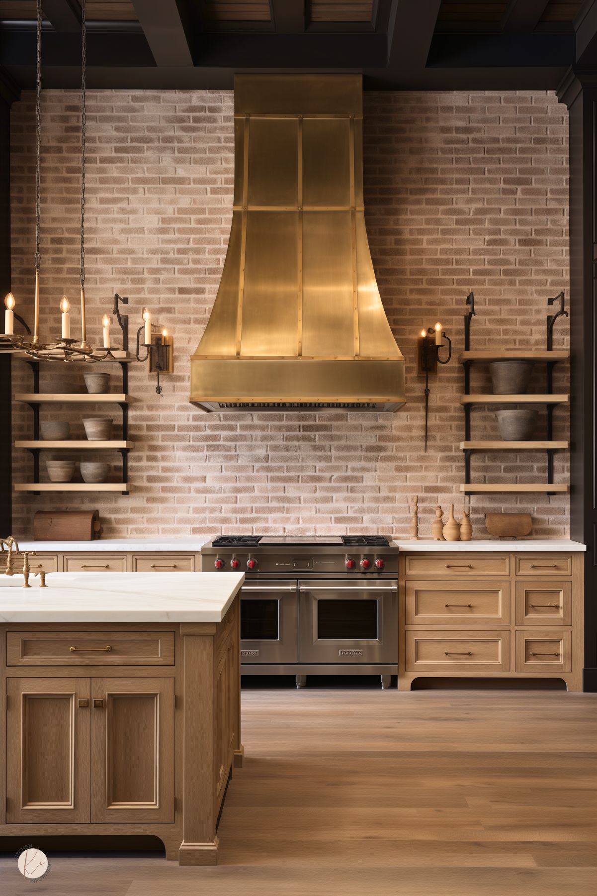 A kitchen with white oak cabinetry and a central island featuring a marble countertop. The focal point is a large brass range hood above a stainless steel stove, set against a light brick backsplash. Open wood shelves with black brackets hold rustic pottery. The ceiling features dark beams, and a wrought iron chandelier with candle-style lights adds a traditional touch. Light wood flooring ties the space together.