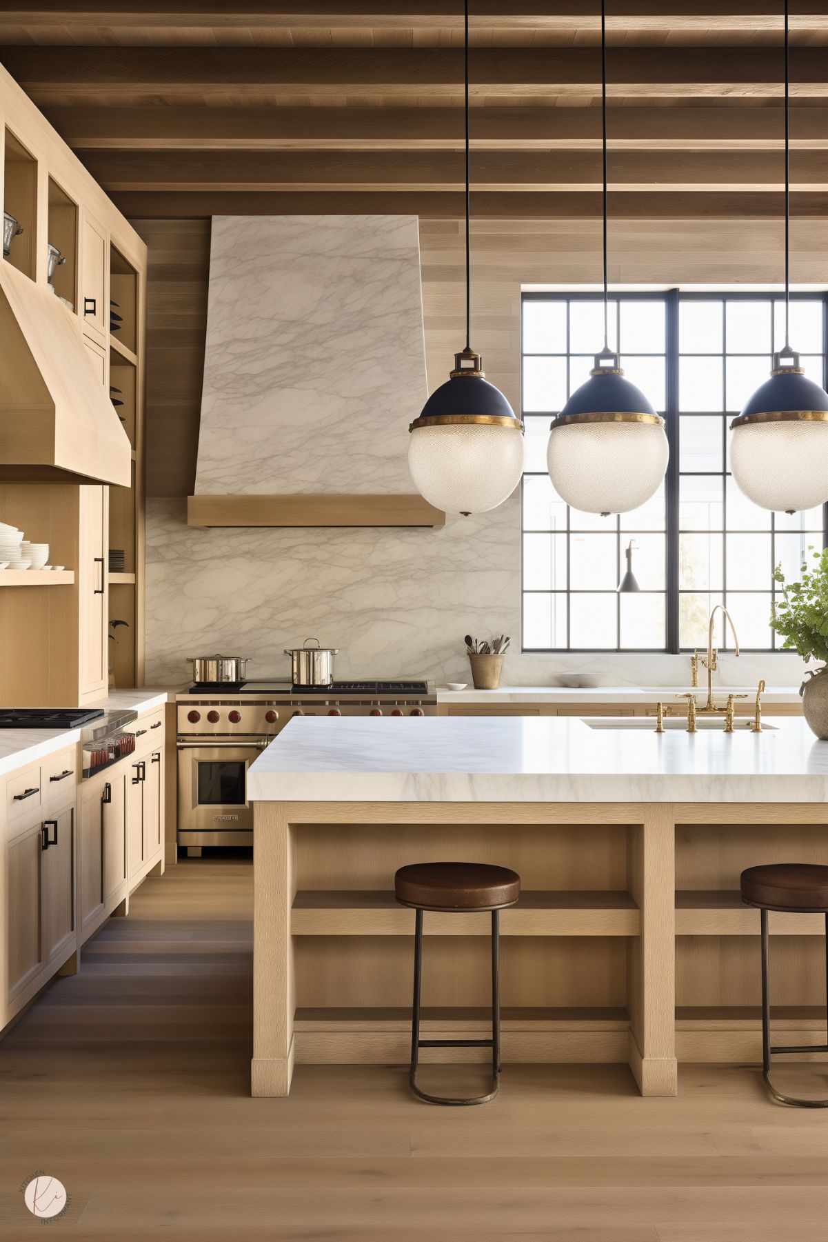 A modern kitchen with light wood cabinetry and an island featuring a white marble countertop and open shelving. The space is illuminated by three globe pendant lights with brass accents. A custom marble range hood is the centerpiece, blending seamlessly with the matching marble backsplash. Dark wood stools with metal bases complement the warm tones of the wood ceiling and flooring. Large black-framed windows bring in ample natural light.