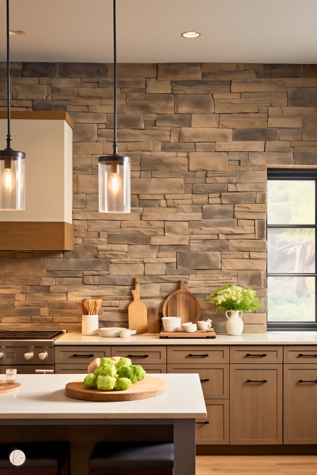 A kitchen with light wood cabinetry and a rustic stone backsplash. The counter is decorated with wooden cutting boards, white dishes, and a vase of green hydrangeas. The island features a white countertop with a wooden tray holding fresh green vegetables. Two glass pendant lights with exposed bulbs hang above, and a black-framed window brings in natural light, enhancing the earthy tones of the space.