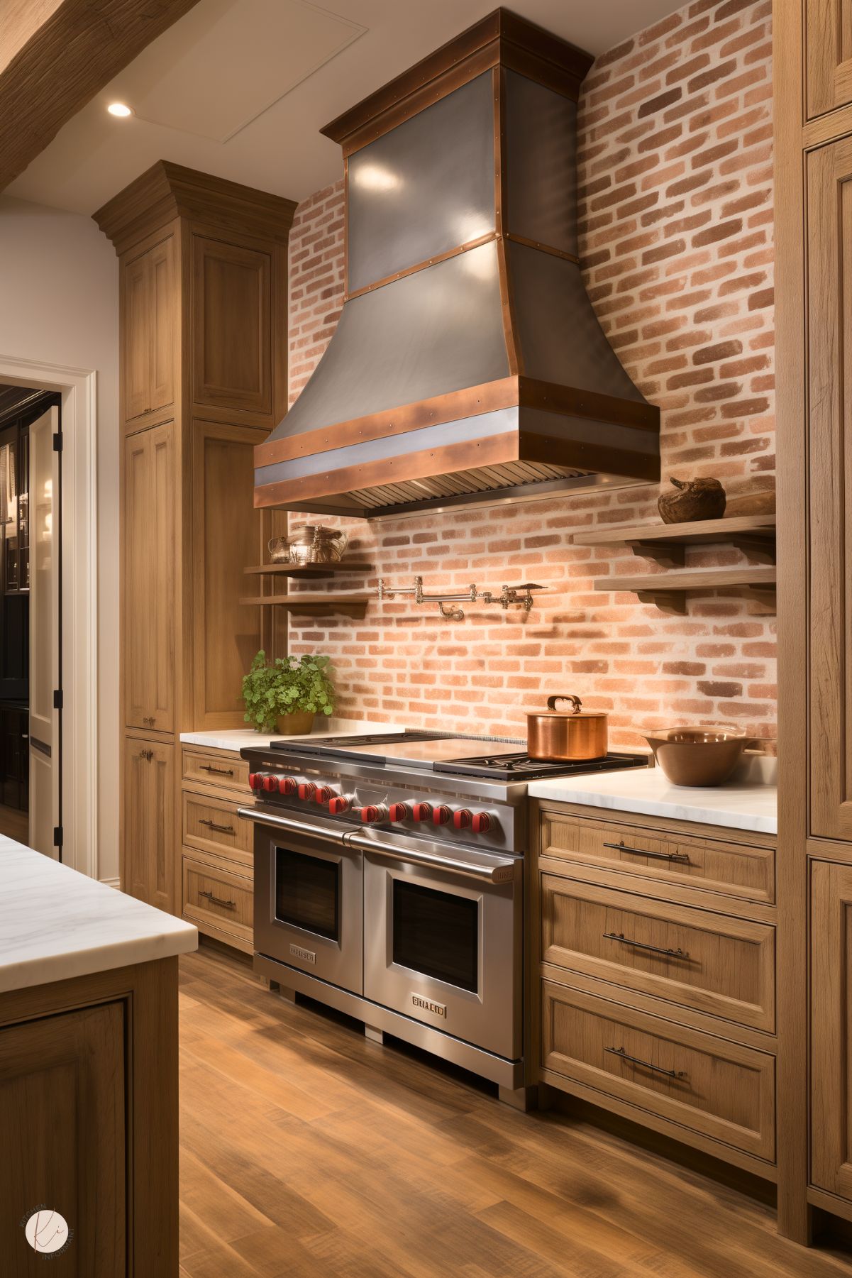 A rustic kitchen featuring light wood cabinetry, a red brick backsplash, and a stainless steel range with red knobs. The centerpiece is a striking custom range hood made of dark metal and copper accents. Open wood shelves hold small decorative items, while a pot filler adds functionality above the stove. The countertops are white, and the wood flooring enhances the warm, inviting atmosphere of the space.