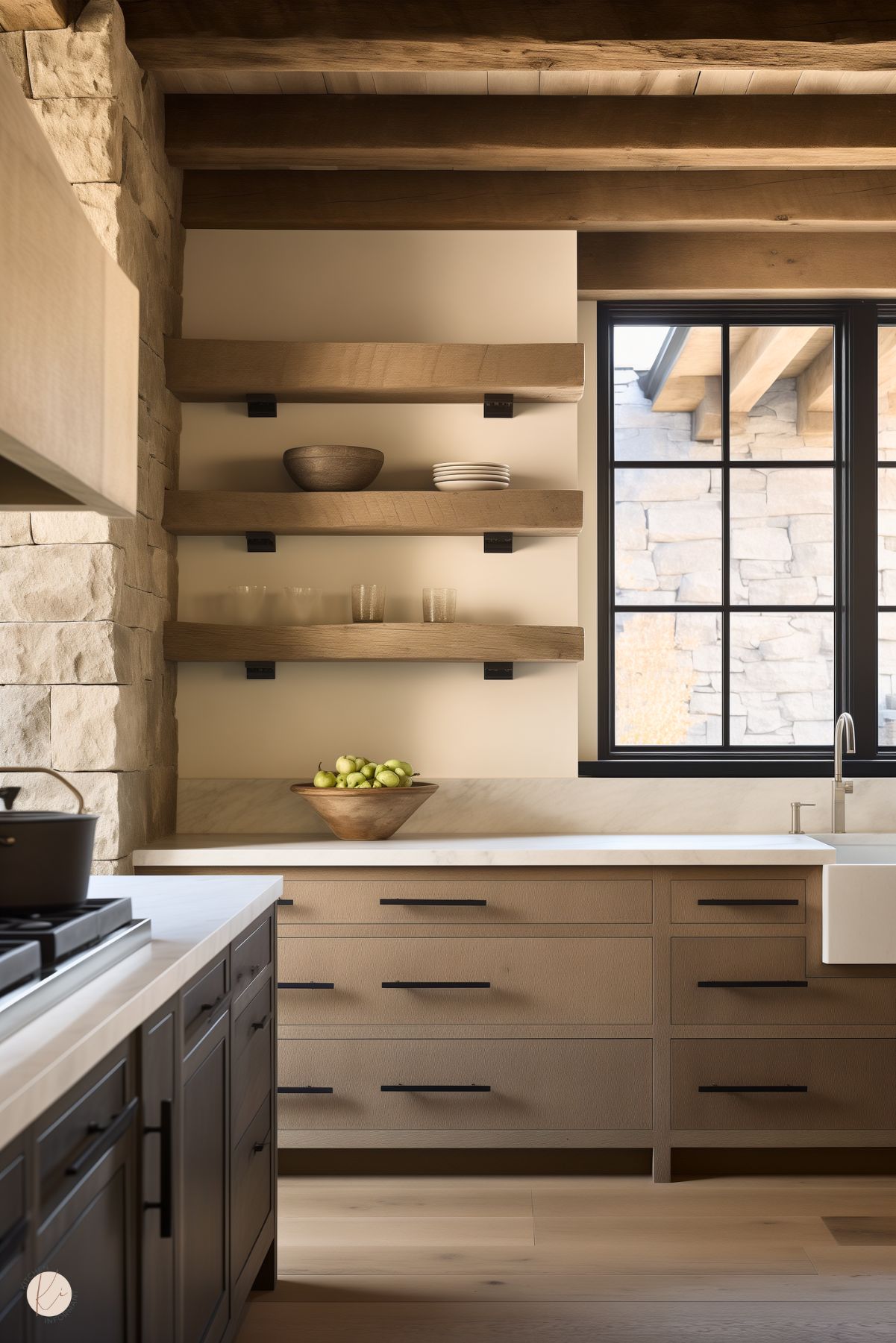 A rustic kitchen featuring light wood cabinetry with black hardware and open shelving made of thick wood planks supported by black brackets. The countertops are white marble, complementing the farmhouse sink. A bowl of fresh green apples adds a natural touch, while the stone backsplash and exposed wood beams enhance the cozy, earthy aesthetic. A black-framed window provides natural light and views of a stone patio outside.