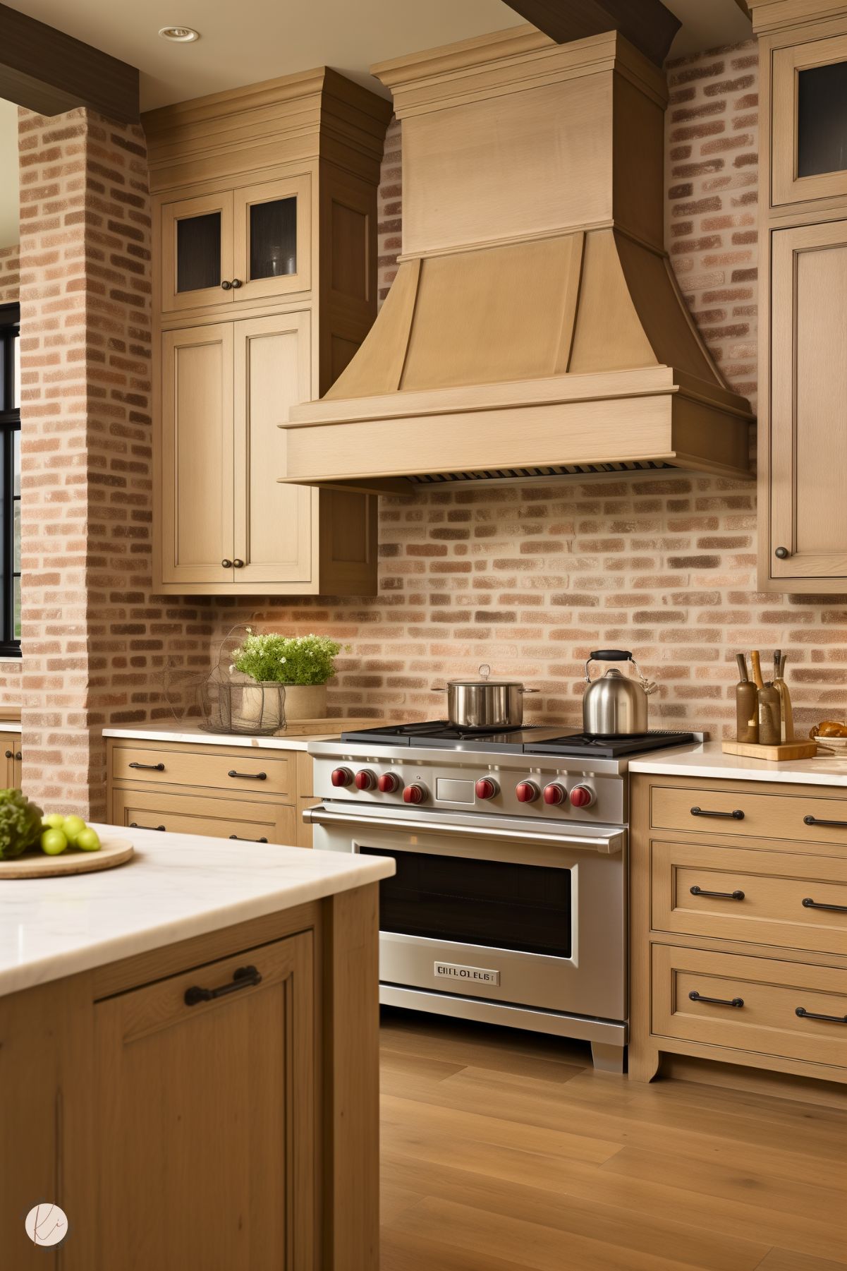 A warm kitchen featuring white oak cabinetry and a large custom hood above a stainless steel range with red knobs. The backsplash is made of light red brick, adding a rustic touch. A potted green plant and kitchen accessories sit on the counters, which have white surfaces. The central island includes a white countertop with fresh produce displayed, complementing the wood flooring and earthy tones throughout the space.