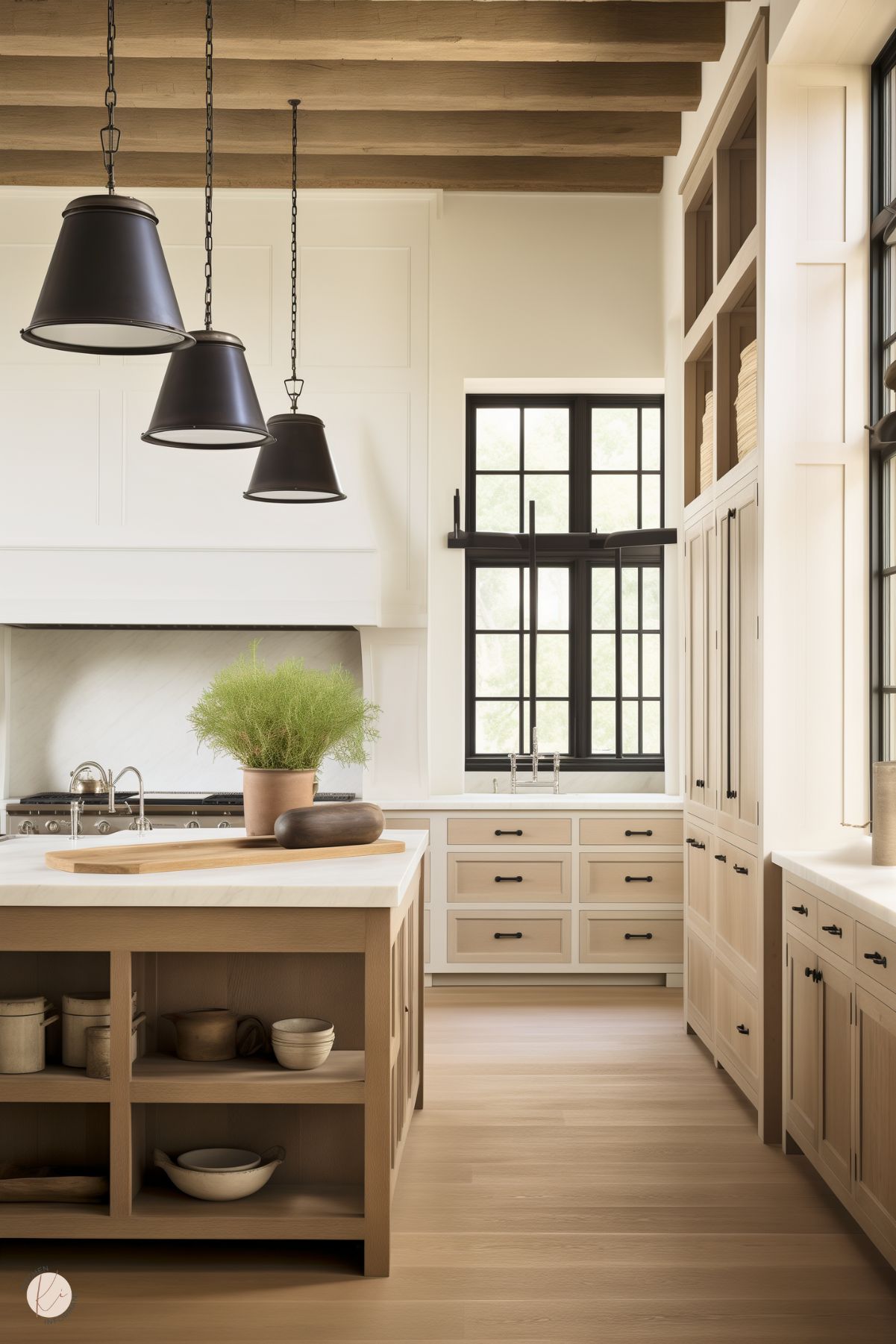 A bright kitchen with light wood cabinetry and a large island featuring a white countertop and open shelving displaying rustic ceramics. Three black pendant lights hang from a ceiling with exposed wood beams. Black-framed windows provide natural light, while a potted green plant and wooden accents add warmth to the clean, minimalist design. White walls and countertops create a fresh and airy atmosphere.