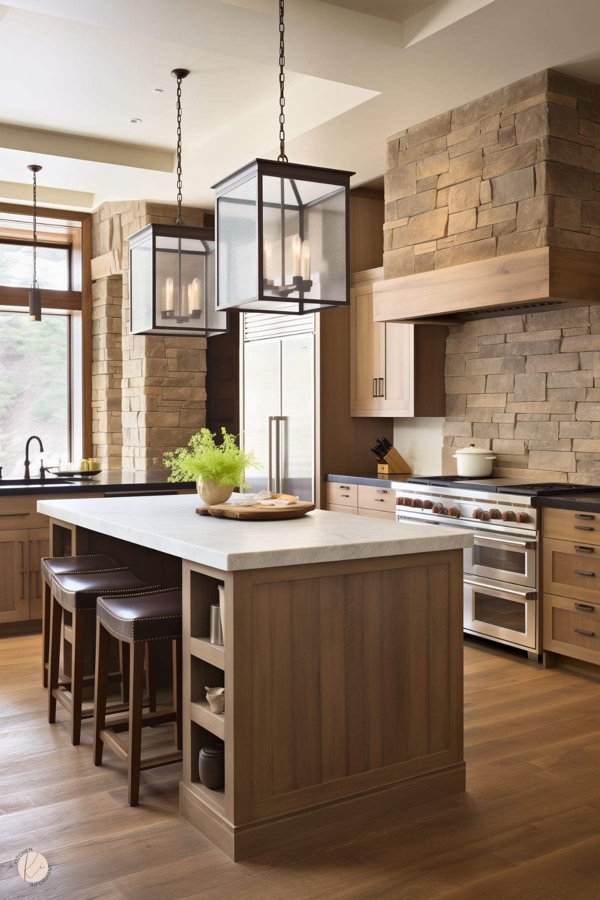 A warm and inviting kitchen featuring light wood cabinetry and a large island with a white countertop. The island includes built-in shelving and two leather barstools with nailhead trim. The walls are clad in natural stone, including a custom stone range hood. Modern lantern-style pendant lights hang above the island, and a large window brings in natural light. Stainless steel appliances and black countertops complete the sophisticated design.