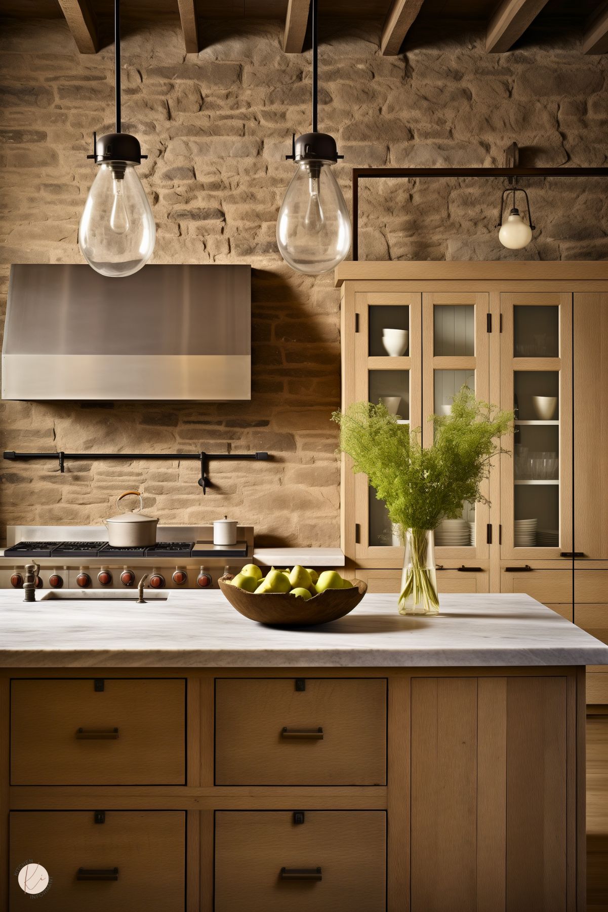 A rustic kitchen featuring a textured stone wall as the backdrop, paired with light wood cabinetry and a large island with a white marble countertop. The island is decorated with a wooden bowl of fresh green pears and a vase of vibrant greenery. Industrial-style pendant lights with exposed bulbs hang from the ceiling's wooden beams. A stainless steel range hood and sleek black hardware complete the space, blending warmth with a modern edge.