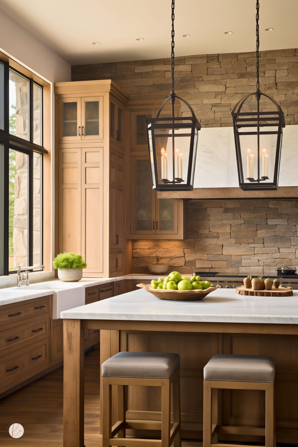 A warm and inviting kitchen featuring light wood cabinetry, a large island with a white countertop, and leather barstools with nailhead trim. The backsplash is a textured natural stone, complemented by a custom hood with a white marble insert. Two black lantern-style pendant lights hang above the island, adding elegance. A farmhouse sink sits below a large window, and a wooden bowl of green apples adds a fresh pop of color.