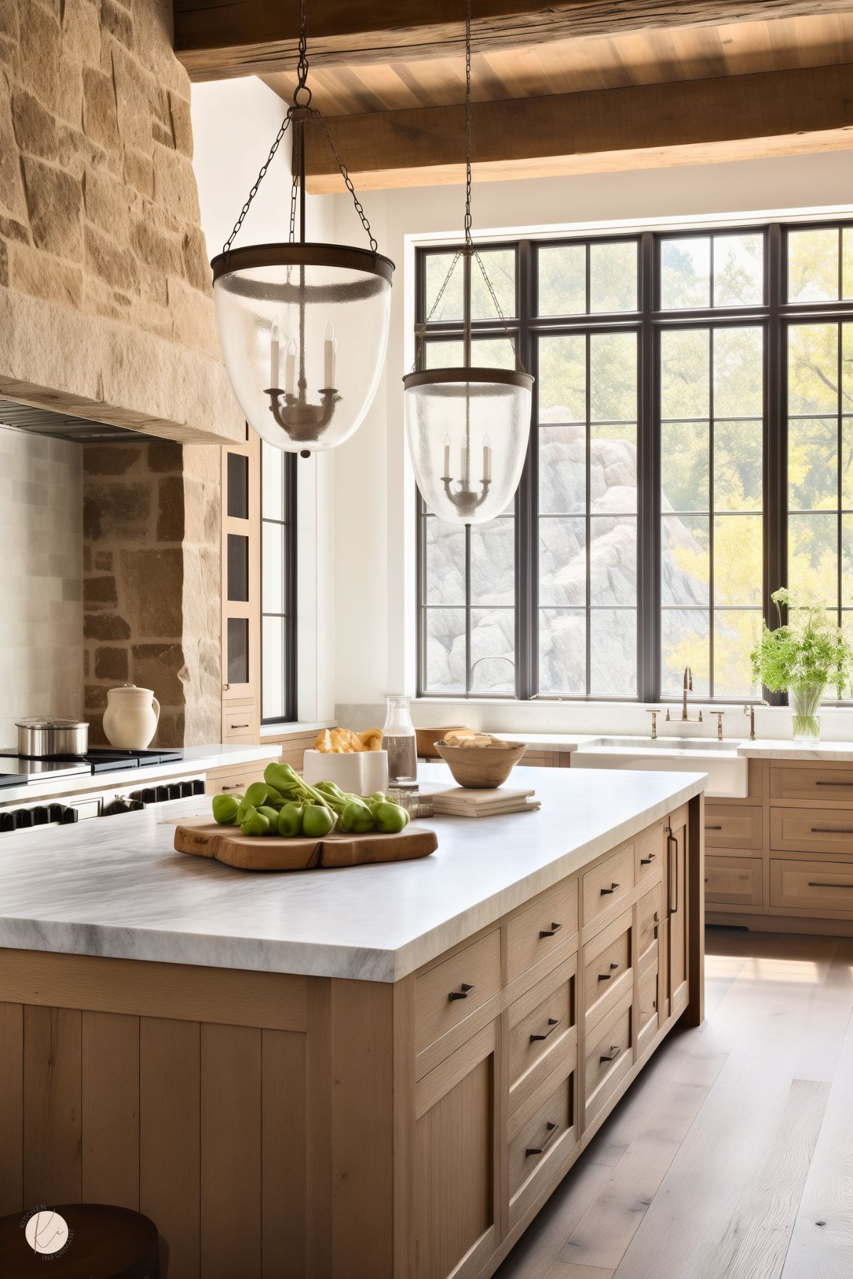 A rustic yet elegant kitchen featuring light wood cabinetry and a large island with a white marble countertop. The island includes drawers and is decorated with fresh green apples and wooden serving pieces. Two glass pendant lights with metal accents hang from a ceiling with exposed wooden beams. The backsplash and range hood are made of natural stone, and large black-framed windows provide ample natural light, showcasing the scenic outdoor view.