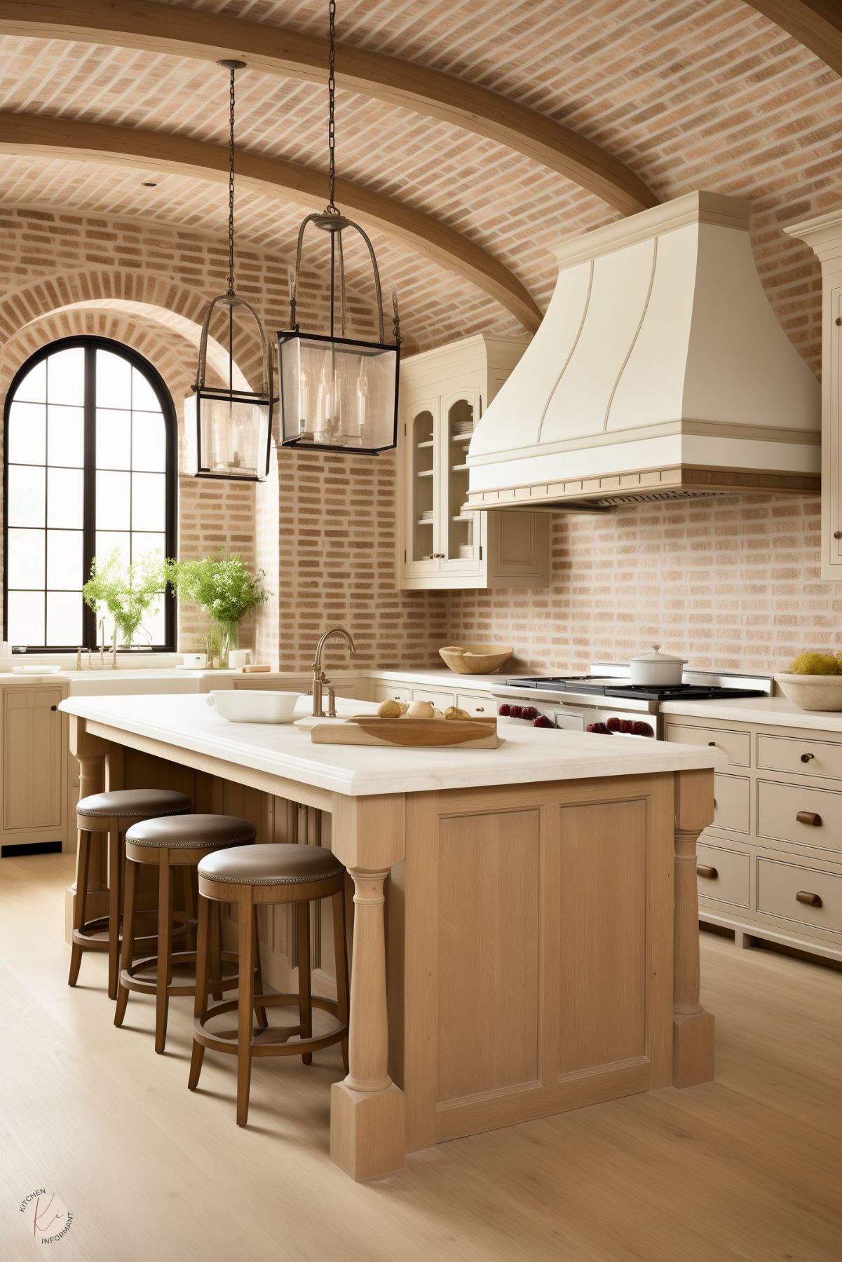 A charming kitchen with a vaulted ceiling featuring exposed wooden beams and a soft red brick pattern. The space includes a central light wood island with turned legs, a white countertop, and leather barstools with nailhead trim. Elegant lantern-style pendant lights hang above the island. The cabinetry is cream-colored with glass-fronted upper cabinets, and the custom range hood matches the soft tones. A large arched black-framed window brings in natural light, highlighting the bright and inviting design.