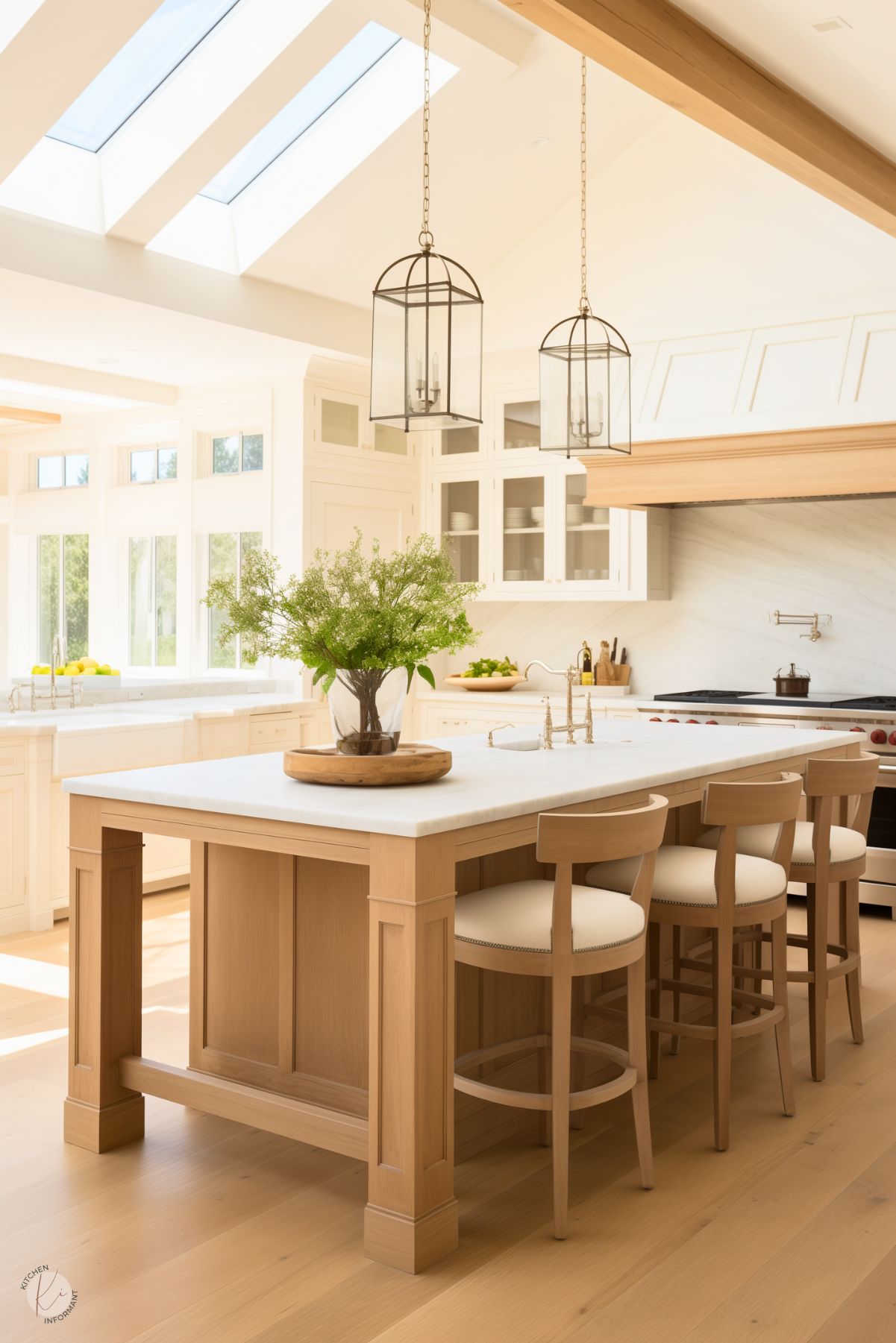 A bright and airy kitchen featuring a light wood island with a white countertop and matching wood chairs with upholstered seats. Lantern-style pendant lights hang above the island, adding an elegant touch. The space is illuminated by large windows and skylights, enhancing the all-white cabinetry and marble backsplash. A vase with greenery decorates the island, while pops of yellow and green from lemons and limes add freshness. Light wood flooring completes the inviting look.