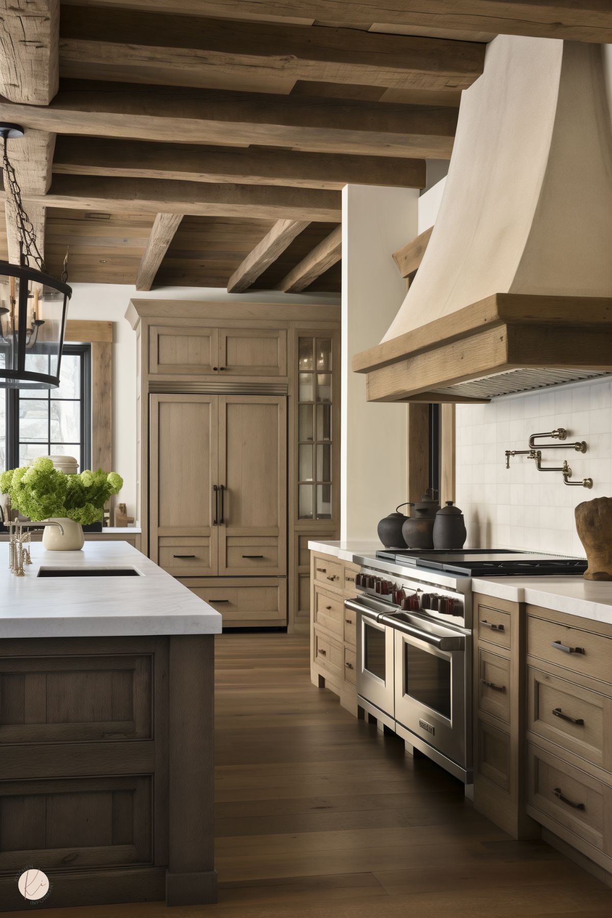 A rustic kitchen with exposed wood ceiling beams and light wood cabinetry. The space features a large range with a custom wood-trimmed hood and white tile backsplash. The central island has a white countertop with a built-in sink and a vase of green hydrangeas. Dark metal fixtures and a lantern-style pendant light add a traditional touch. The wood flooring and natural tones create a warm, cohesive design.