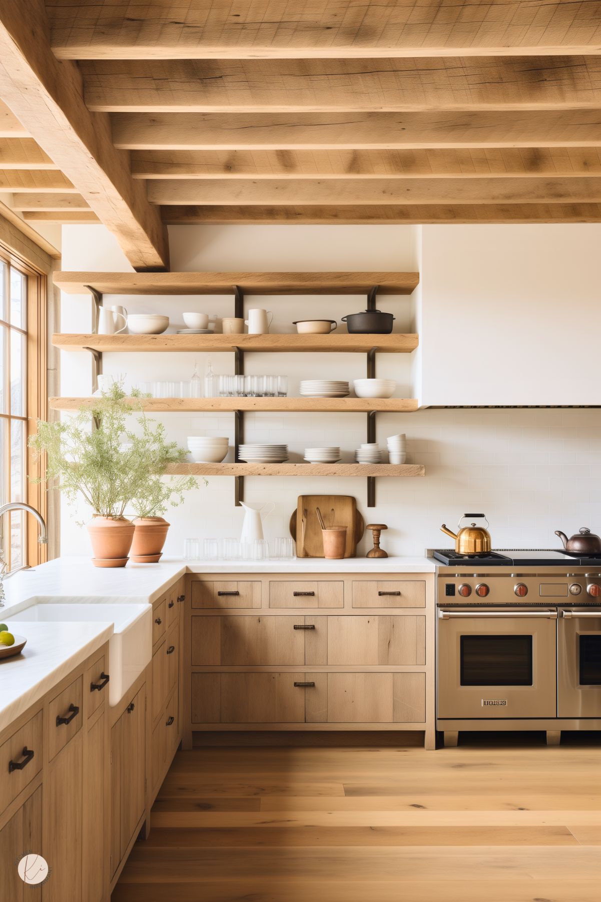 A warm and rustic kitchen featuring light wood cabinetry with black hardware, paired with open shelving made of thick natural wood planks supported by black brackets. The shelves are neatly arranged with white dishware, glassware, and cookware. A farmhouse sink is set beneath a large window framed in wood, letting in natural light. The countertops are white, and a stainless steel range with red knobs adds a modern touch. Potted greenery in terracotta pots adds a fresh, natural element.