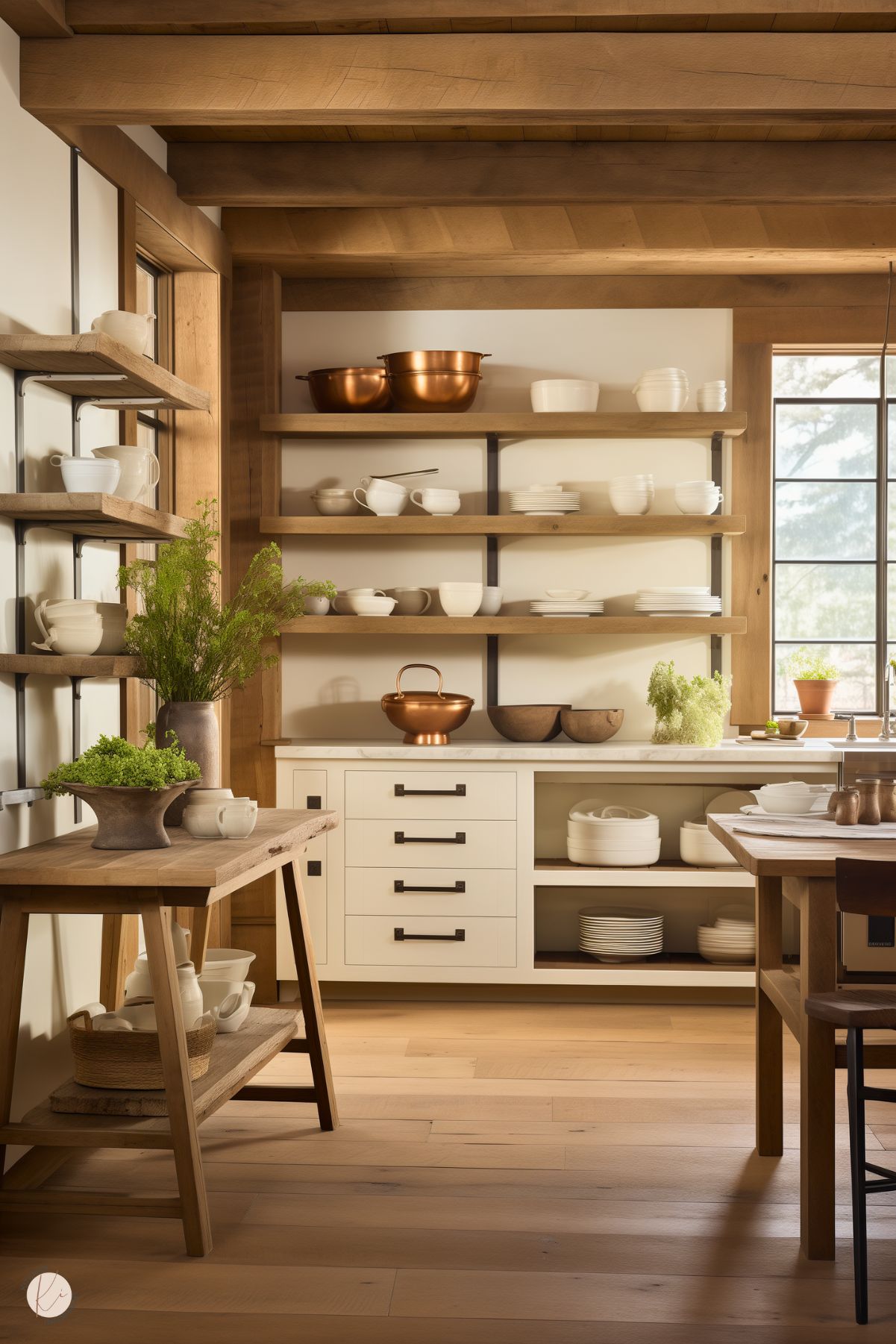 A rustic kitchen with open shelving showcasing white dishware and copper accents. Light wood beams and matching shelving create a warm, natural ambiance. The cabinetry features cream-colored drawers with black handles, paired with a marble countertop. A wooden table holds greenery in rustic vases, adding a fresh touch. A large window lets in natural light, highlighting the light wood floors and cozy, inviting decor.