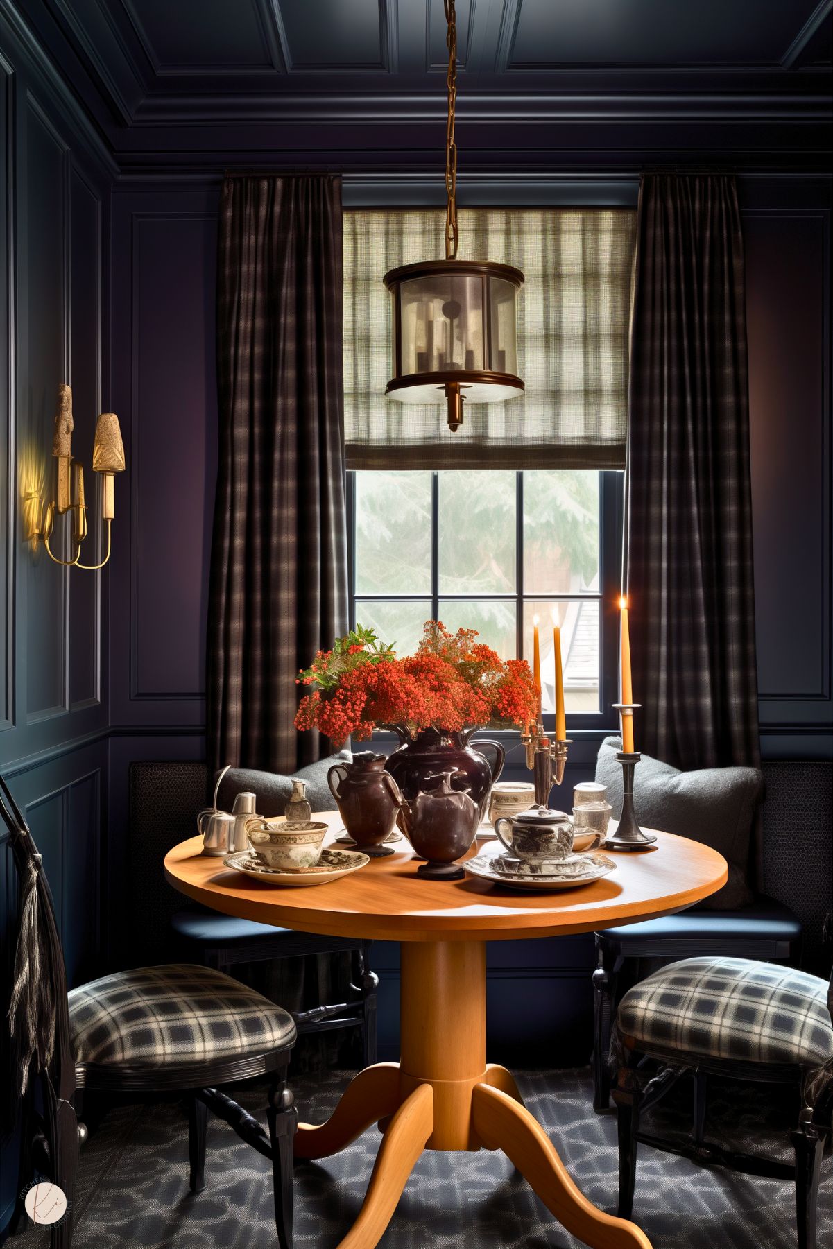 A dark academia dining room with navy paneled walls, plaid curtains, and a round wooden table set with vintage dishware, dark pitchers, and orange-red flowers. Lit taper candles add warmth, while plaid chairs and a cushioned bench provide seating. A lantern pendant and brass sconces enhance the moody ambiance.