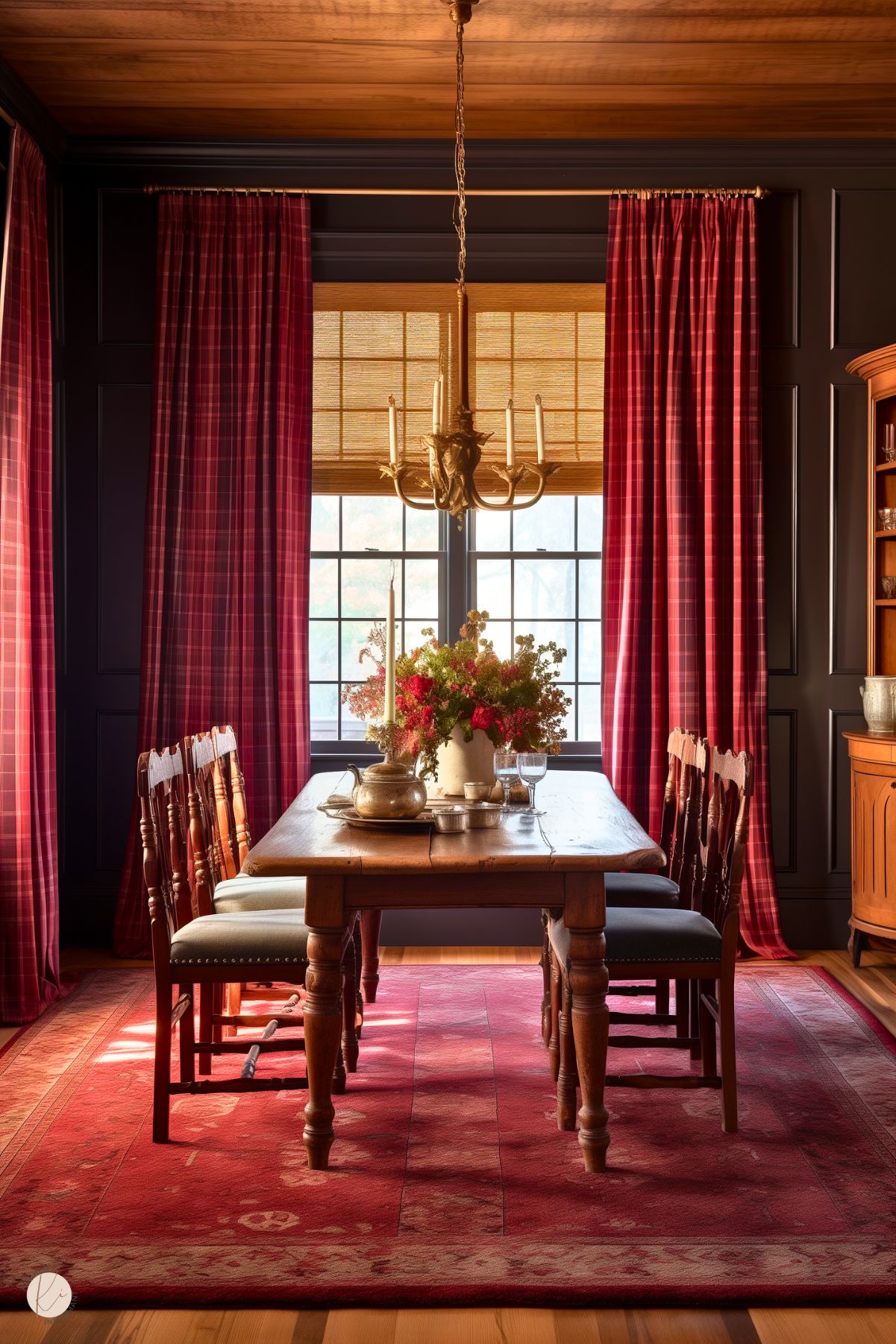 A dark academia dining room with deep red paneled walls, a grand crystal chandelier, and a wooden table. Cream upholstered chairs contrast with the bold tones, while gold sconces and decor add warmth. A red patterned rug and a floral centerpiece complete the luxurious, moody ambiance.