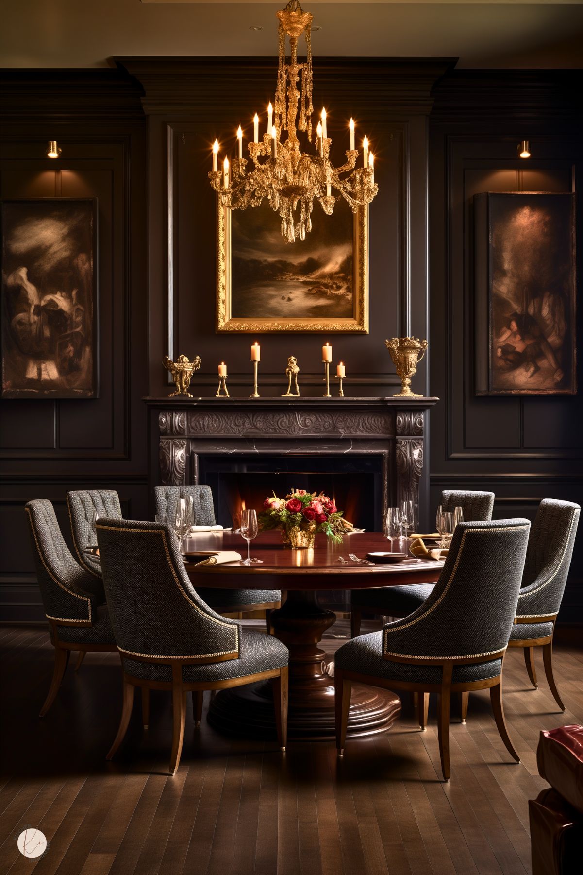 A dark academia dining room with black paneled walls, a grand gold chandelier, and a carved marble fireplace. A round wooden table is elegantly set with fine dinnerware, a floral centerpiece, and gold-accented napkins. Upholstered chairs with nailhead trim surround the table, while moody artwork and candlelit sconces enhance the dramatic, sophisticated ambiance.