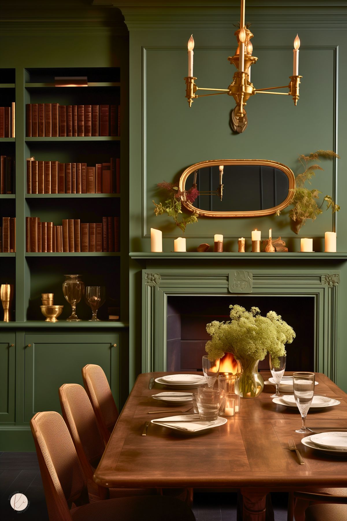 A dark academia dining room with sage green walls, built-in bookshelves, and a fireplace. A wooden table is set with white dishware, glassware, and a vase of green flowers. Gold accents, including a vintage mirror, chandelier, and candle holders, enhance the warm, scholarly ambiance.