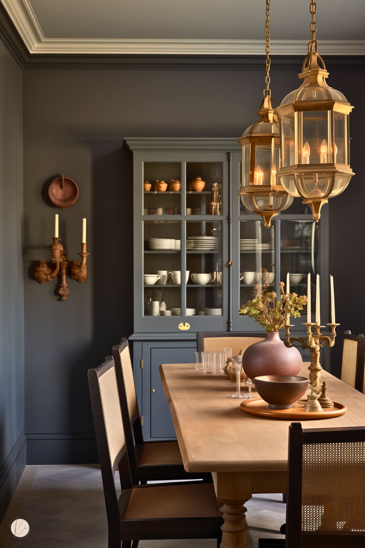 A dark academia dining room with deep gray walls, a wooden table, and cane-back chairs. Brass lantern pendants and candle sconces add warmth, while a muted blue china cabinet showcases classic dishware. Earthy décor, dried florals, and ceramic accents complete the refined, scholarly ambiance.