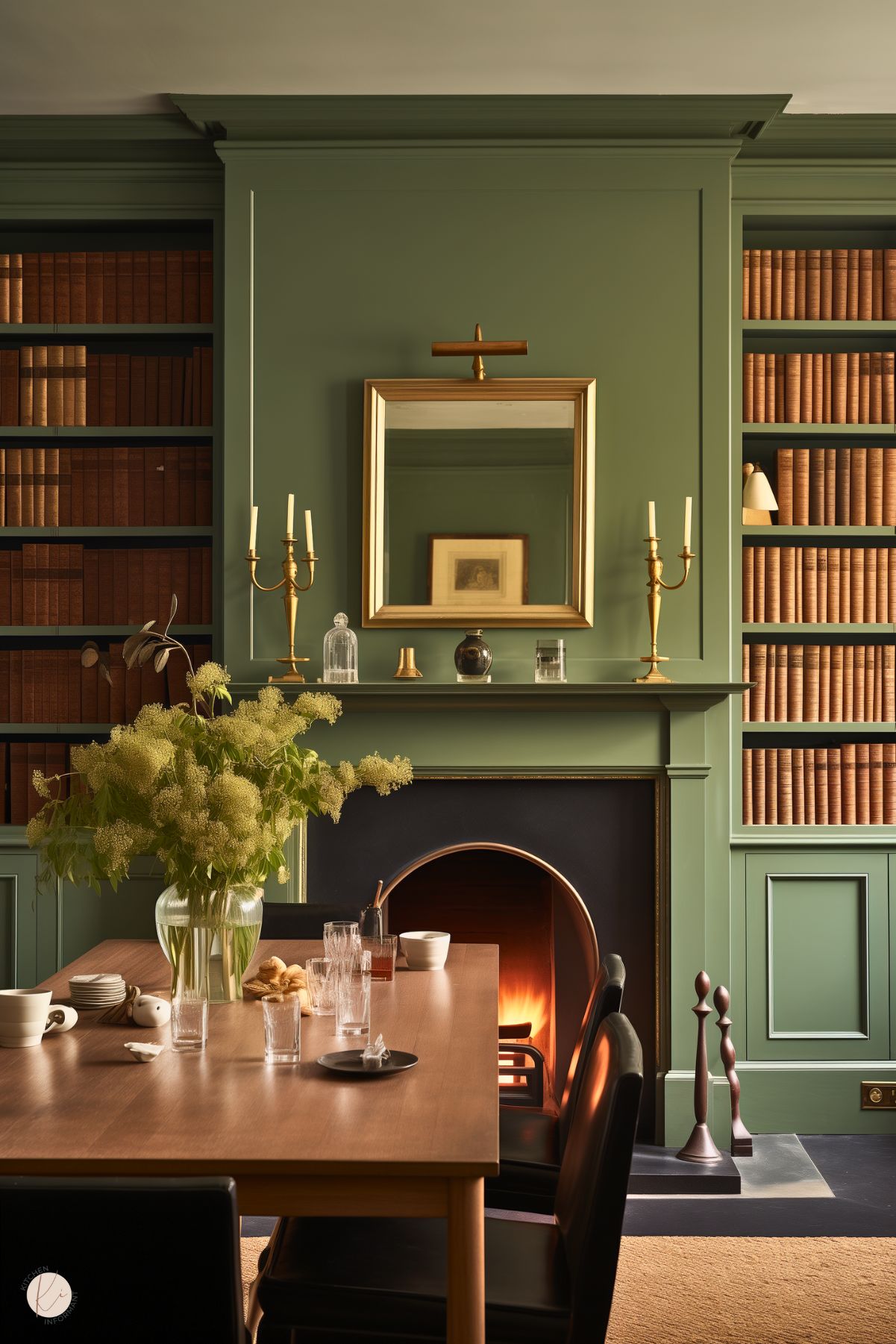 A dark academia dining room with sage green walls, built-in bookshelves, and a fireplace. A wooden table is set with simple dishware, glassware, and a vase of green flowers. Gold accents, including a framed mirror and candlesticks, add warmth, while leather chairs and neatly arranged books enhance the scholarly, cozy ambiance.