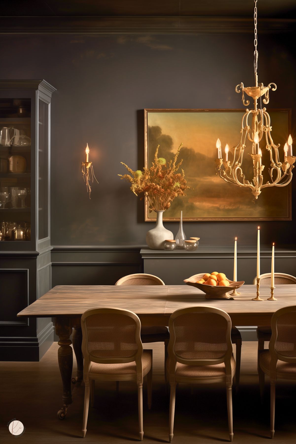 A dark academia dining room with deep gray walls, a rustic wooden table, and cane-back chairs. A gold chandelier and candle sconces cast warm light, while a landscape painting and dried floral arrangement enhance the vintage charm. A wooden bowl of oranges adds a natural touch to the moody, sophisticated space.