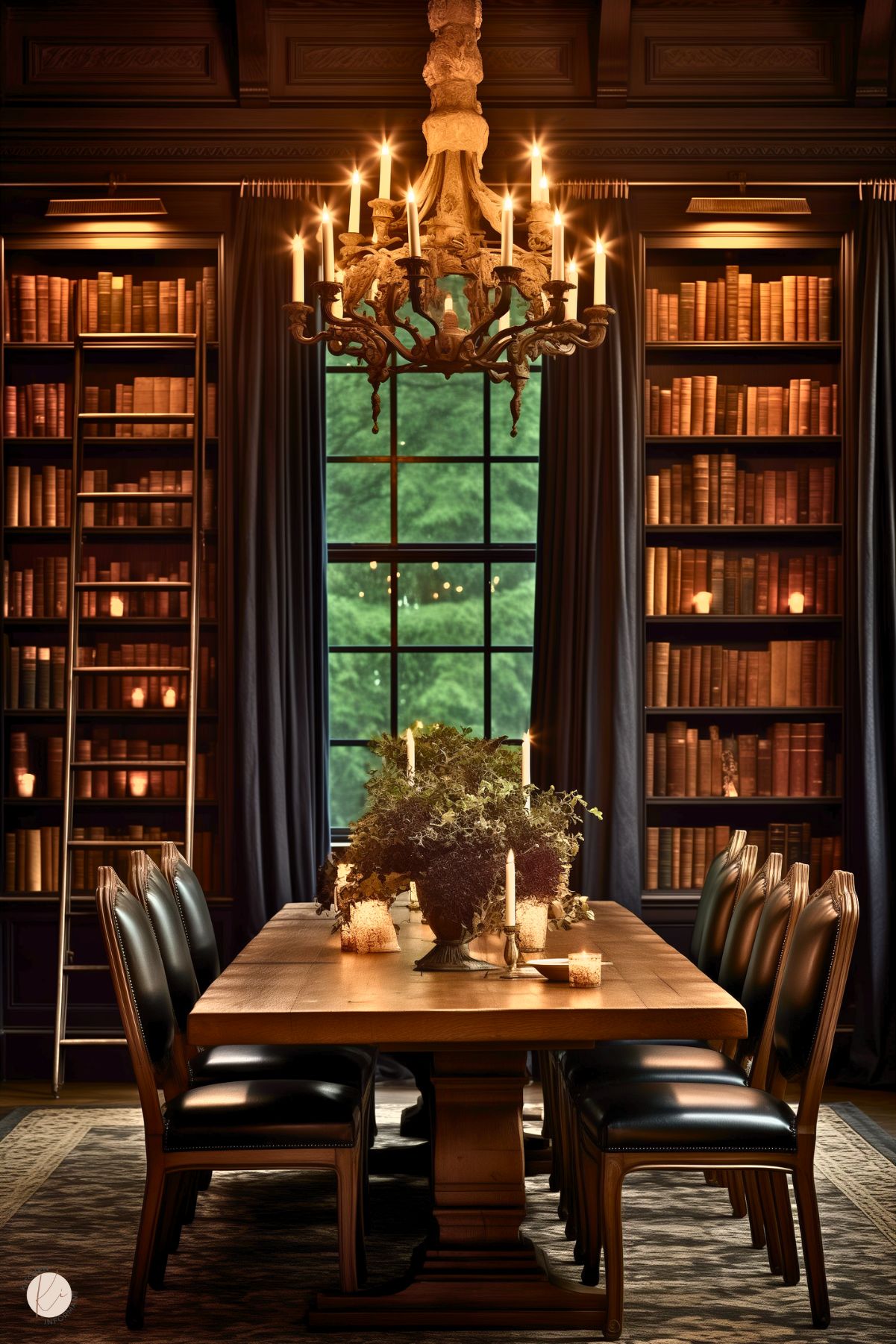 A dark academia dining room with floor-to-ceiling bookshelves, a grand wooden table, and leather-upholstered chairs. A rustic chandelier casts warm light, while candles and lush greenery create a moody, scholarly ambiance. A large window framed by heavy drapes adds depth to the richly detailed space.