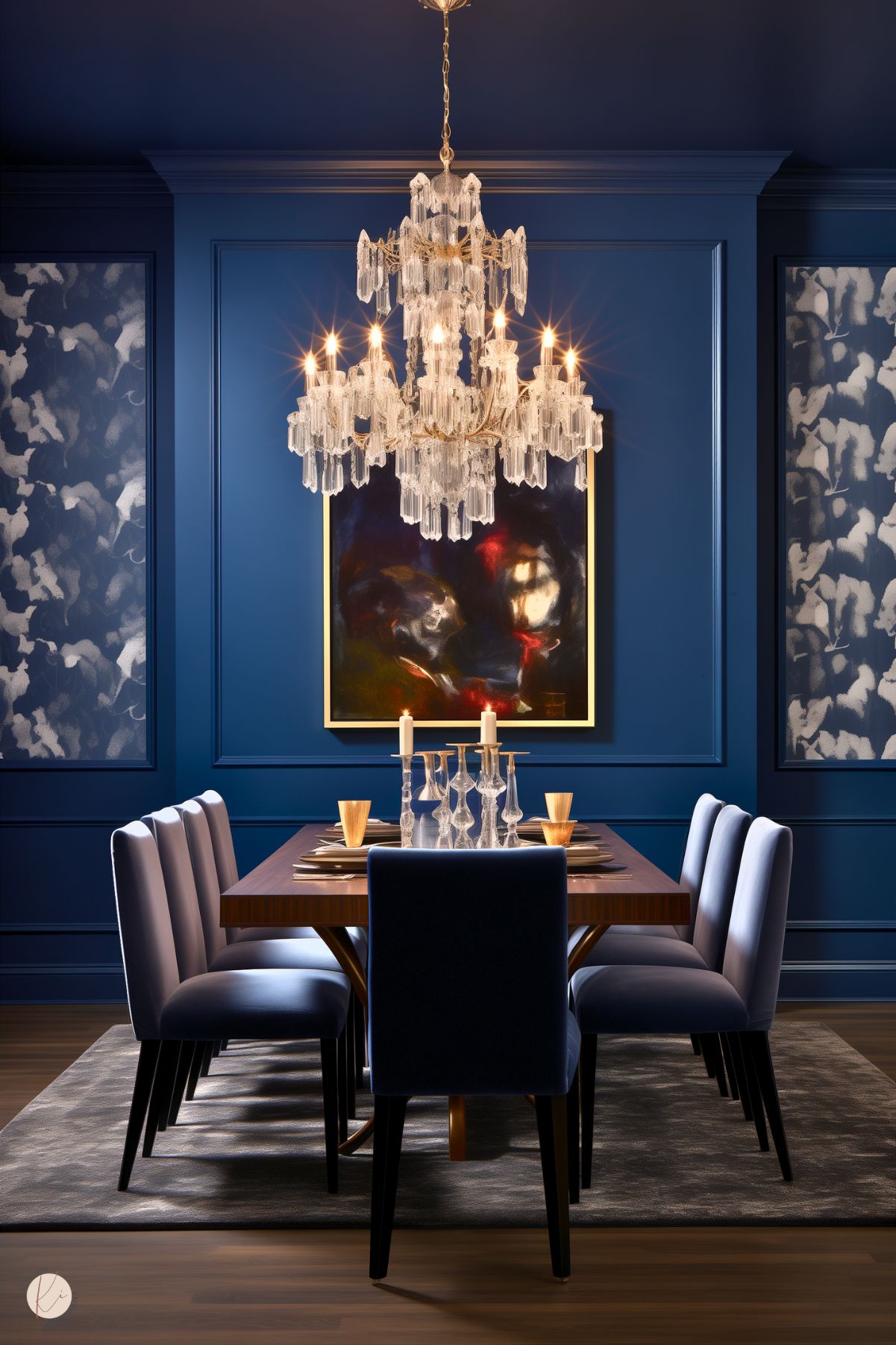 A dark academia dining room with deep blue walls, a dramatic crystal chandelier, and modern velvet chairs. A wooden table is set with gold-accented dishware and glass candlesticks. Abstract artwork and moody lighting enhance the elegant, sophisticated atmosphere.