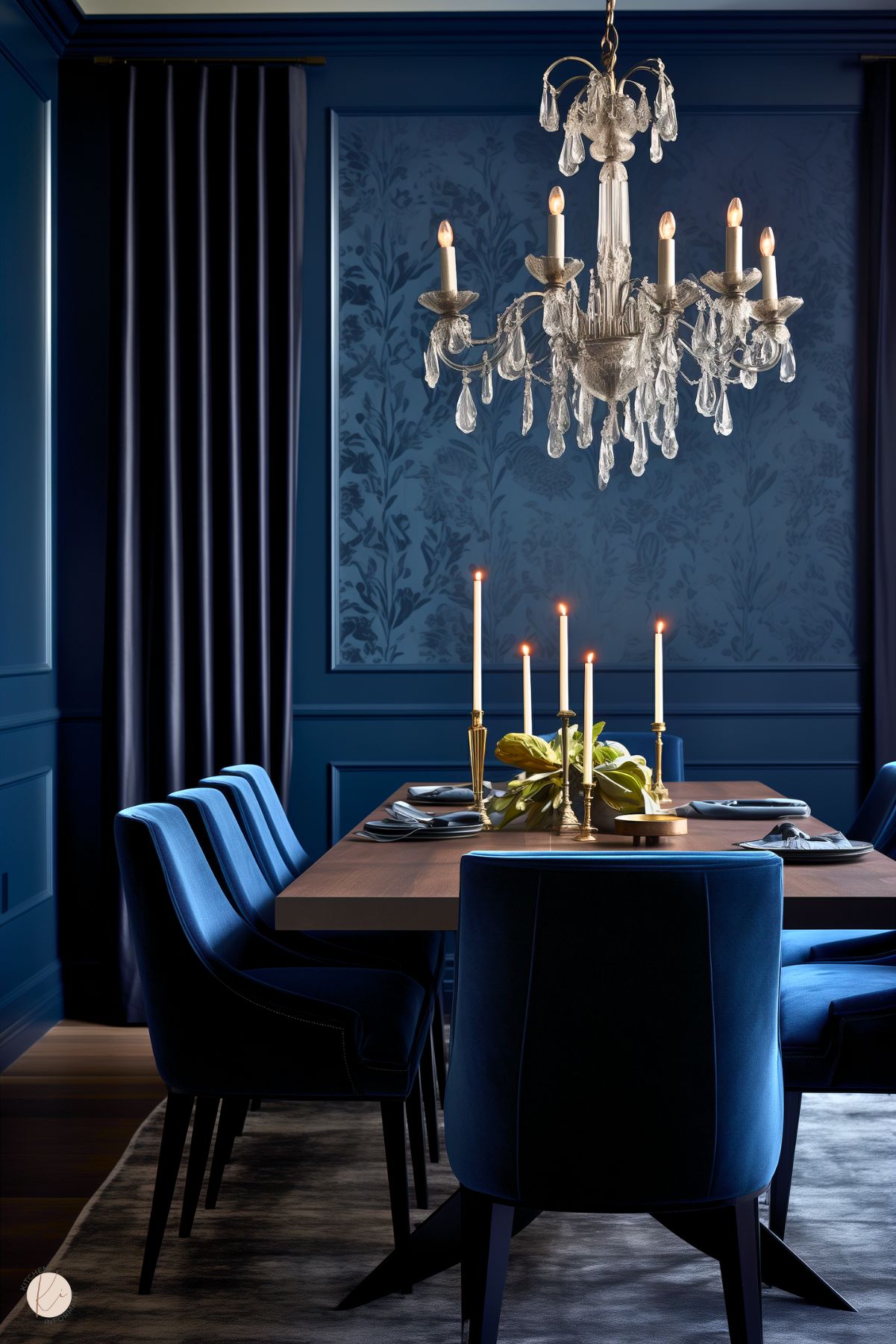 A dark academia dining room with deep blue walls, velvet chairs, and a crystal chandelier. A wooden table is set with black napkins, gold candlesticks, and a simple greenery centerpiece. Dark drapes and subtle floral-patterned wallpaper enhance the moody, elegant atmosphere.