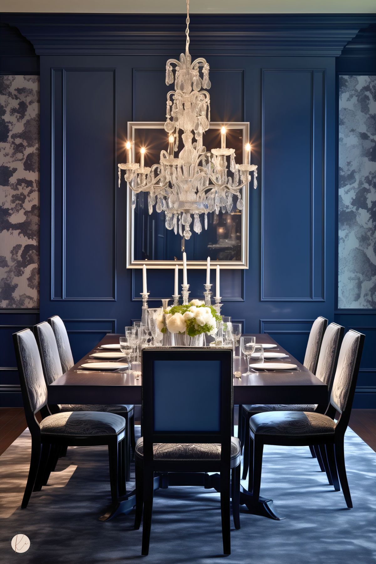 A dark academia dining room with deep navy walls, a grand crystal chandelier, and a sleek dark wood table. Elegant upholstered chairs, mirrored accents, and a candlelit centerpiece with white flowers enhance the sophisticated, moody ambiance.