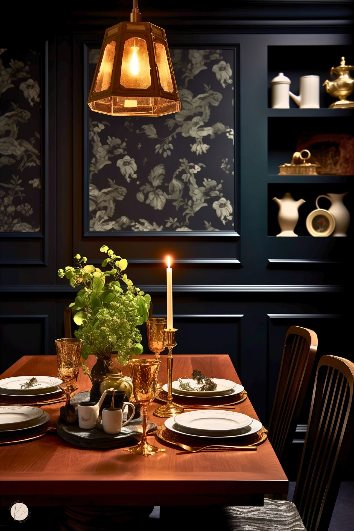 A dark academia dining room with navy paneled walls, floral wallpaper accents, and built-in shelving displaying ceramics. A wooden table is elegantly set with gold-rimmed plates, amber glassware, and a candlelit centerpiece of greenery. A warm-toned pendant light enhances the moody, sophisticated atmosphere.