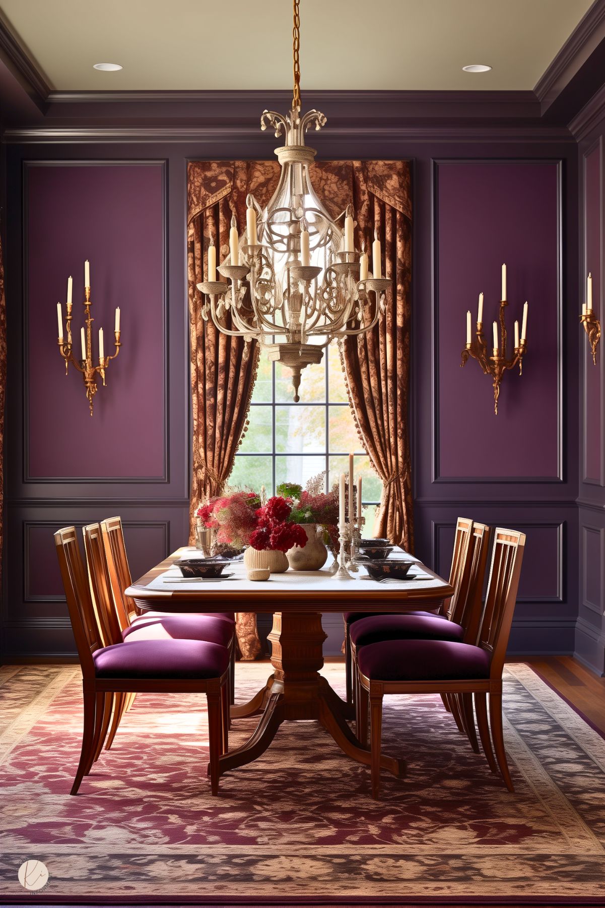 A dark academia dining room with deep plum walls, gold sconces, and a grand chandelier. A wooden table is set with floral arrangements, candlesticks, and fine dishware. Velvet-upholstered chairs and brocade drapes enhance the rich, sophisticated ambiance.