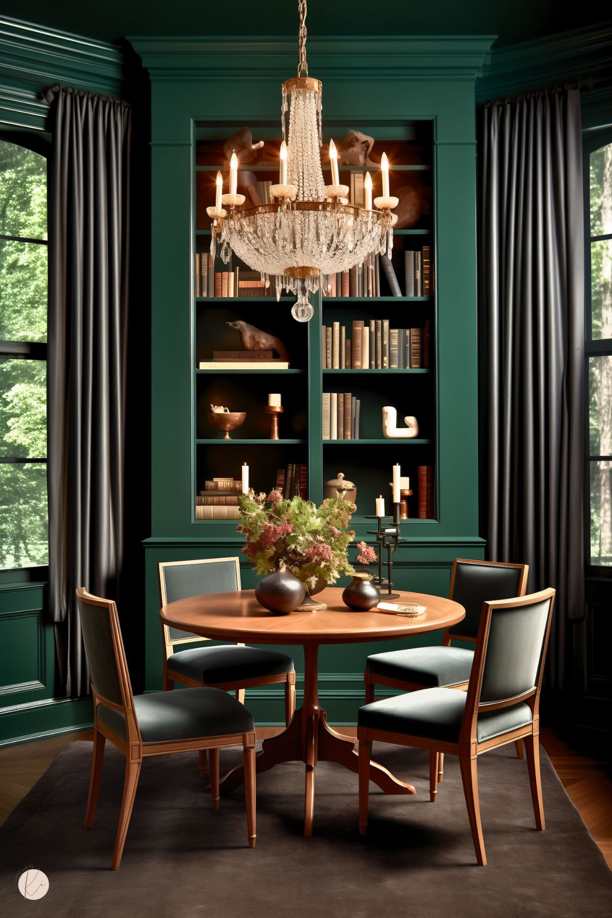 A dark academia dining room with deep green built-in bookshelves, a crystal chandelier, and a round wooden table. Elegant dark leather chairs, black candlesticks, and a floral centerpiece enhance the moody, sophisticated ambiance. Floor-length drapes and curated décor complete the refined setting.