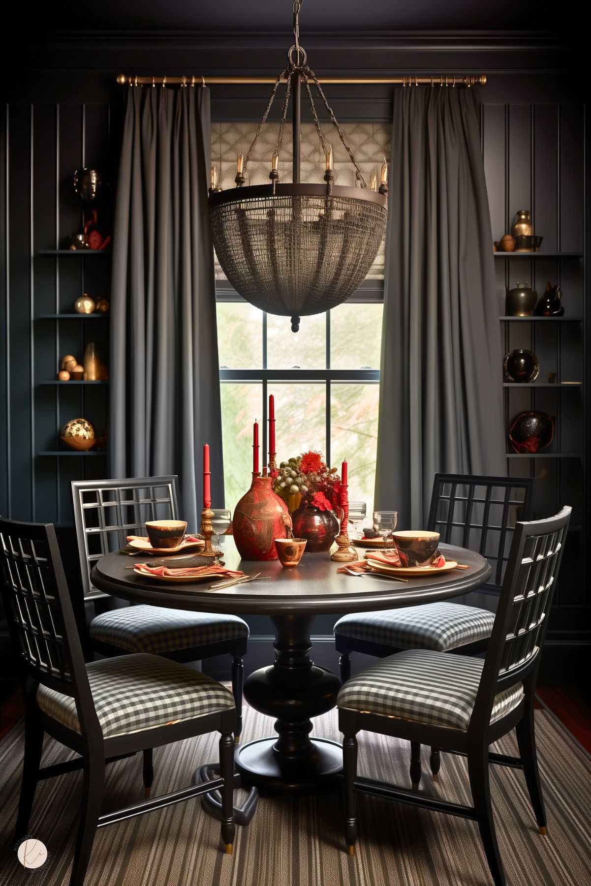 A dark academia dining room with deep navy walls, built-in shelving, and heavy drapes. A round black table is set with warm-toned dishware, red candles, and a bold floral centerpiece. Black grid-back chairs with plaid cushions surround the table. A large beaded chandelier adds drama, while gold accents on the shelves enhance the moody, sophisticated aesthetic.